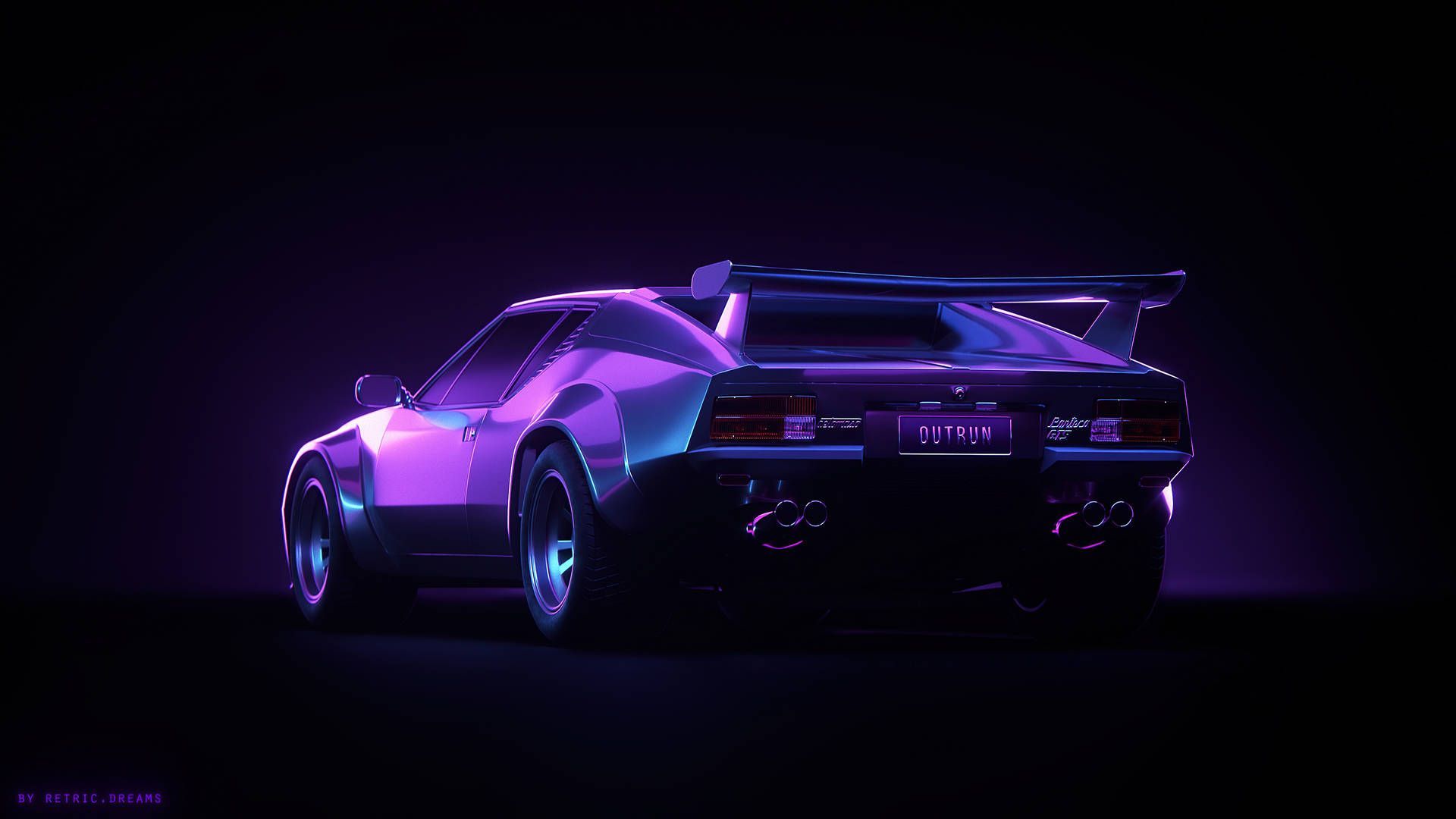 A purple car with its lights on in the dark - Cars