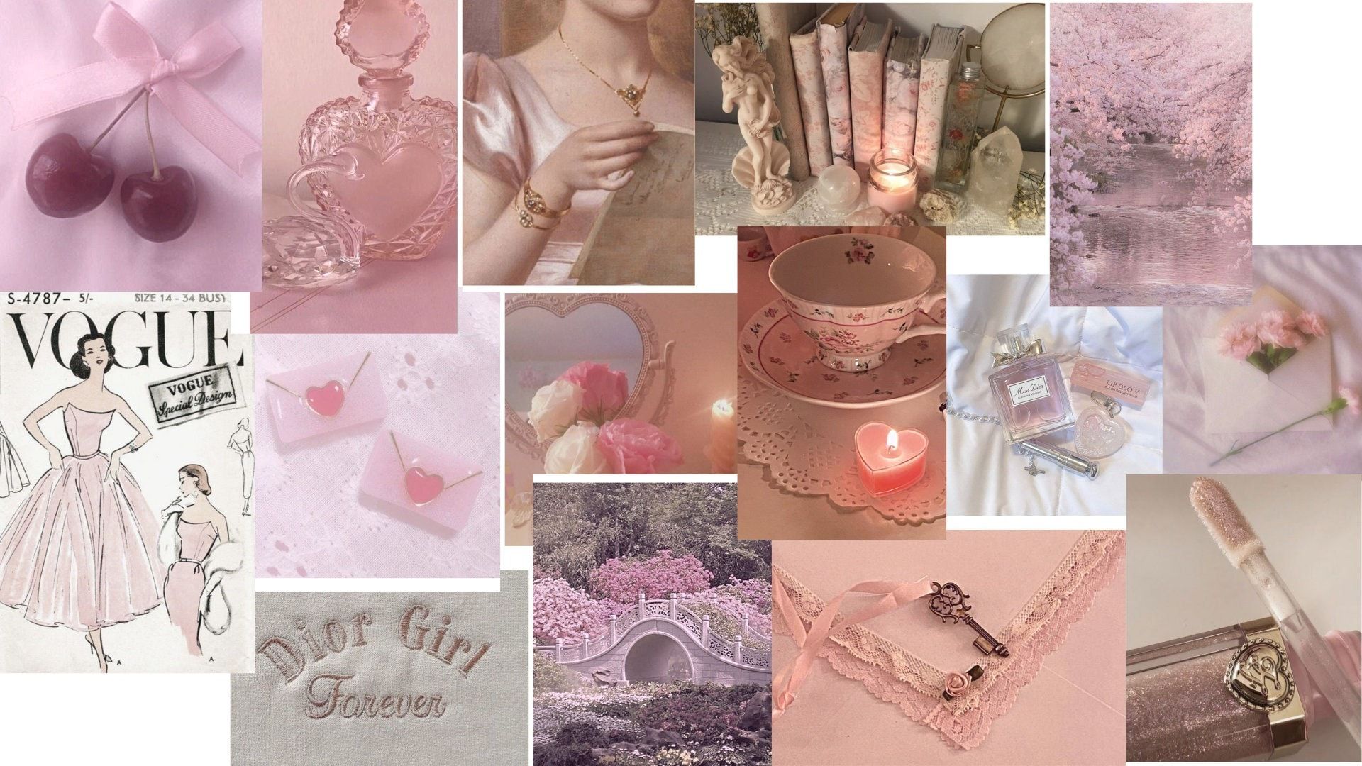 A collage of pictures with pink and white - Coquette
