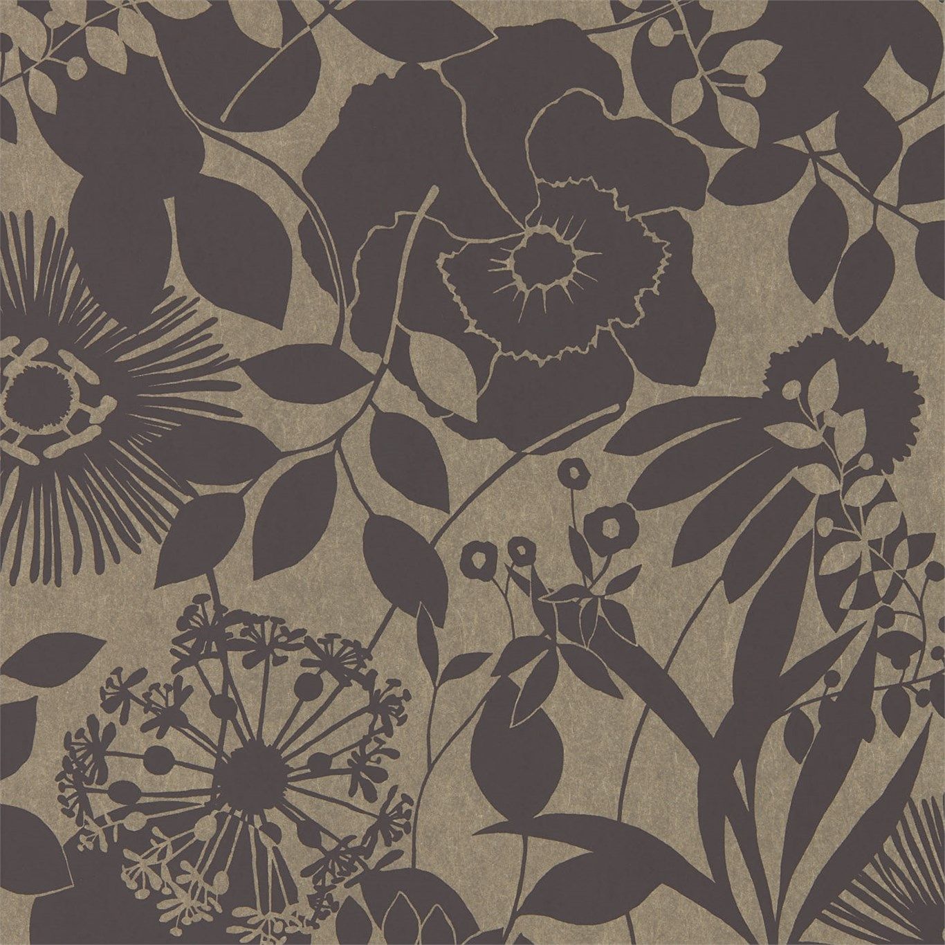 This wallpaper design features a black and brown floral pattern on a tan background. - Coquette