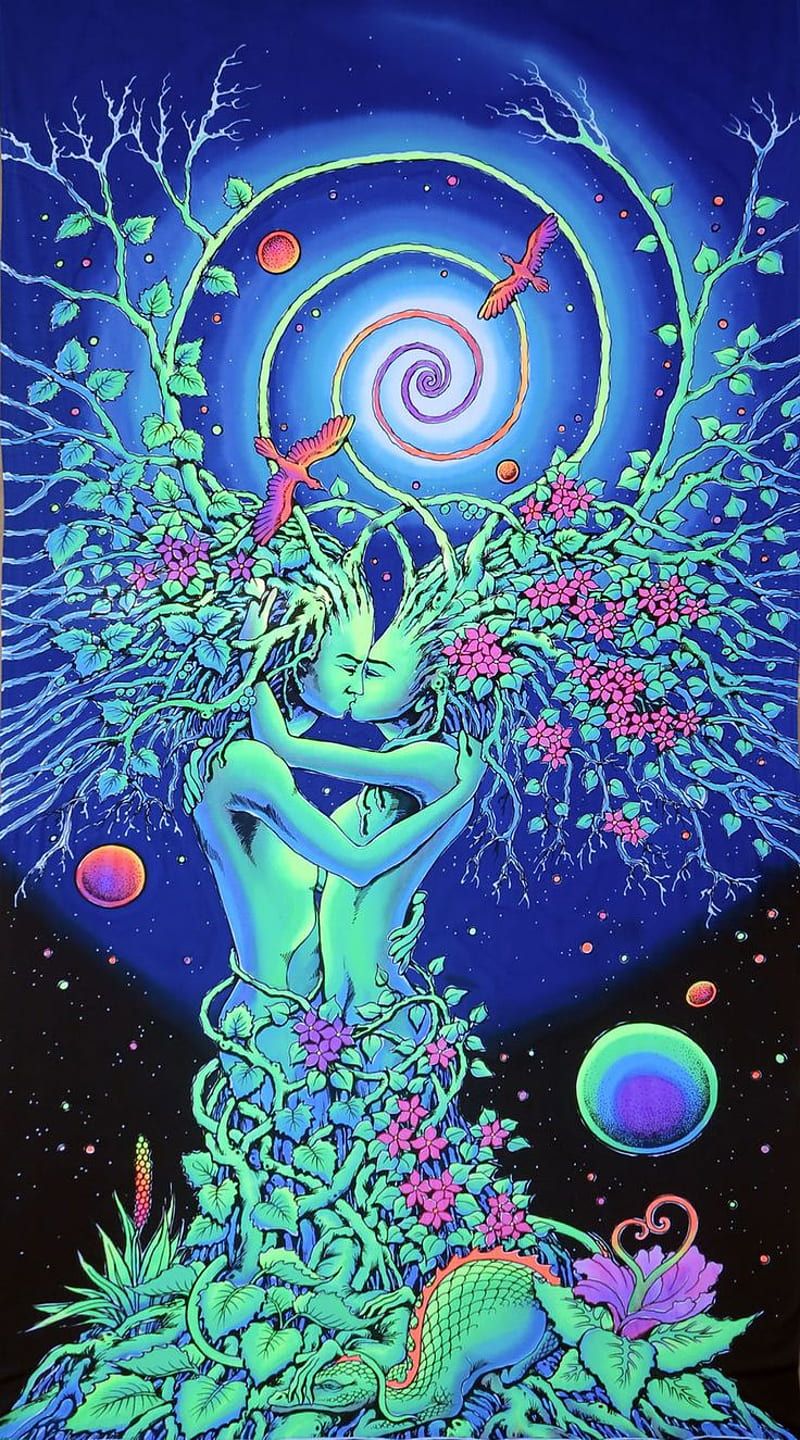 The lovers are kissing in the center of the image, surrounded by a tree, flowers, birds, and planets. - Spiritual