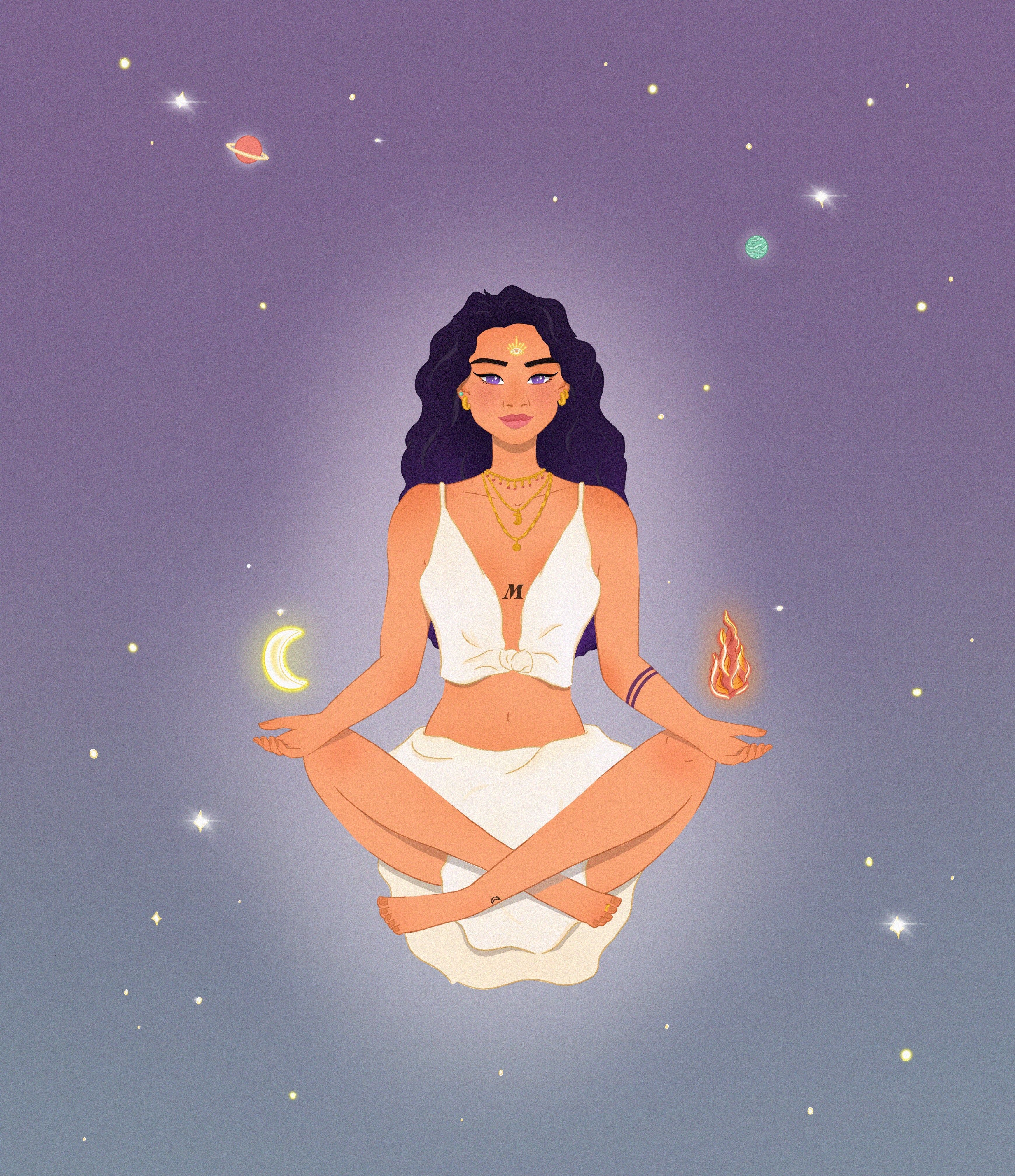A woman in meditation with stars and planets around her - Spiritual