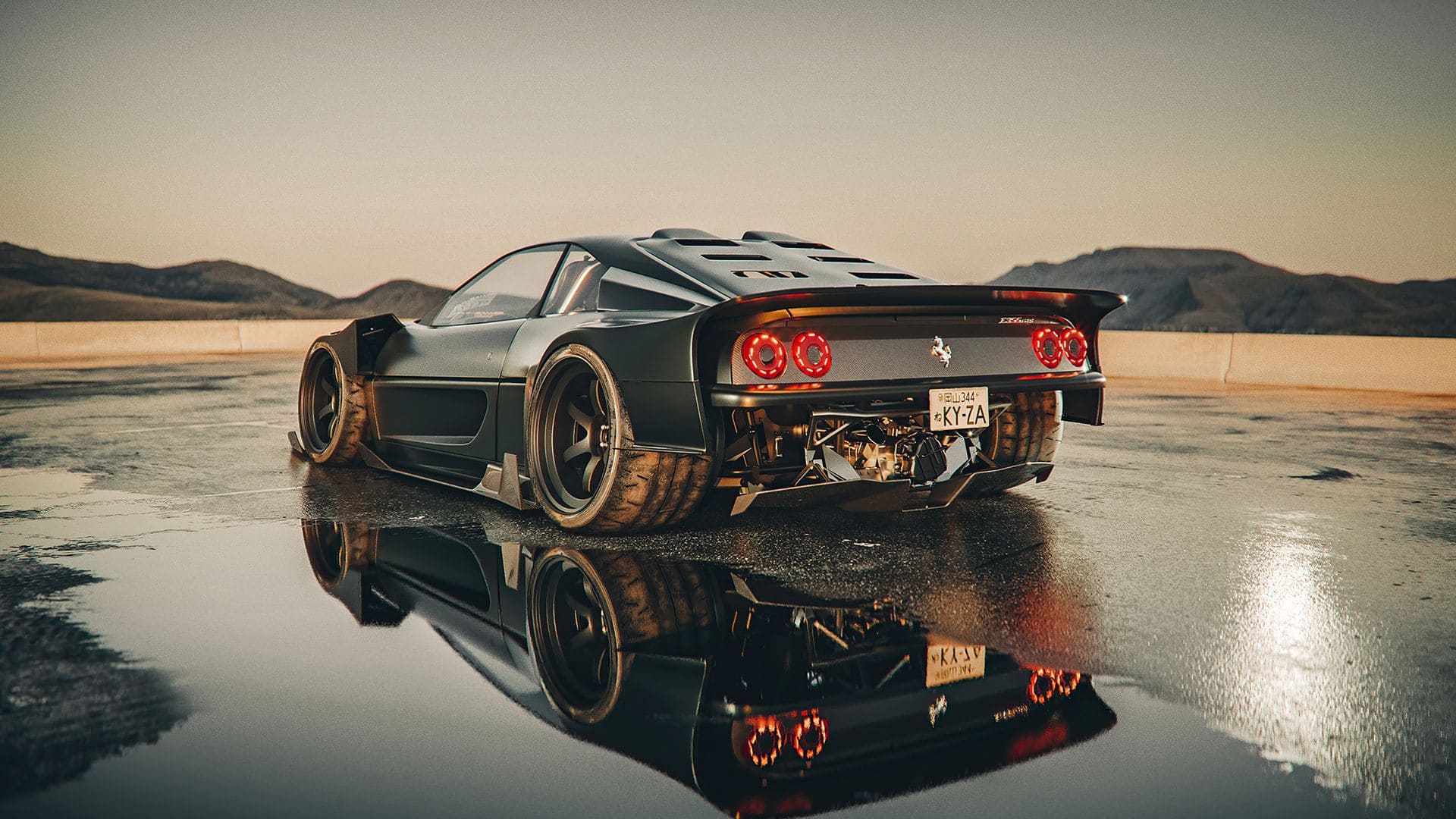 This is a photo of a car with a black body and red tail lights, parked on a wet surface with a reflection of the car. - Cars