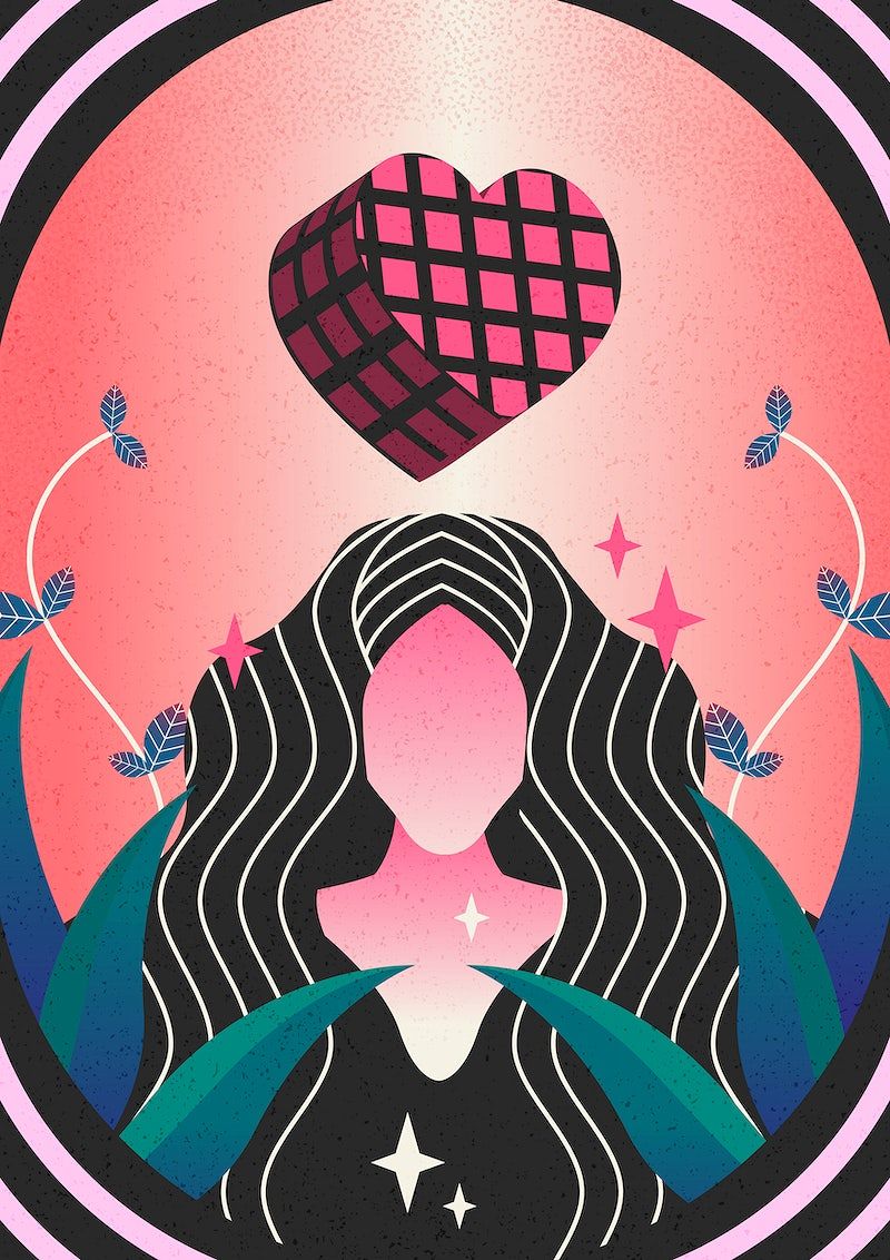 A digital illustration of a woman with long black hair, pink background, and a heart above her head. - Spiritual