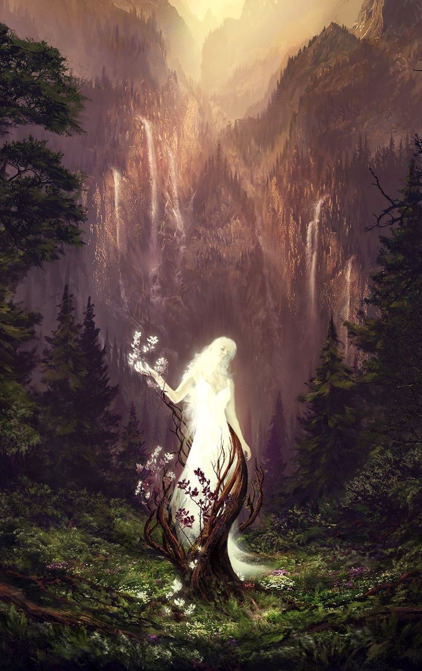 A white haired woman standing in a forest in front of a waterfall - Spiritual