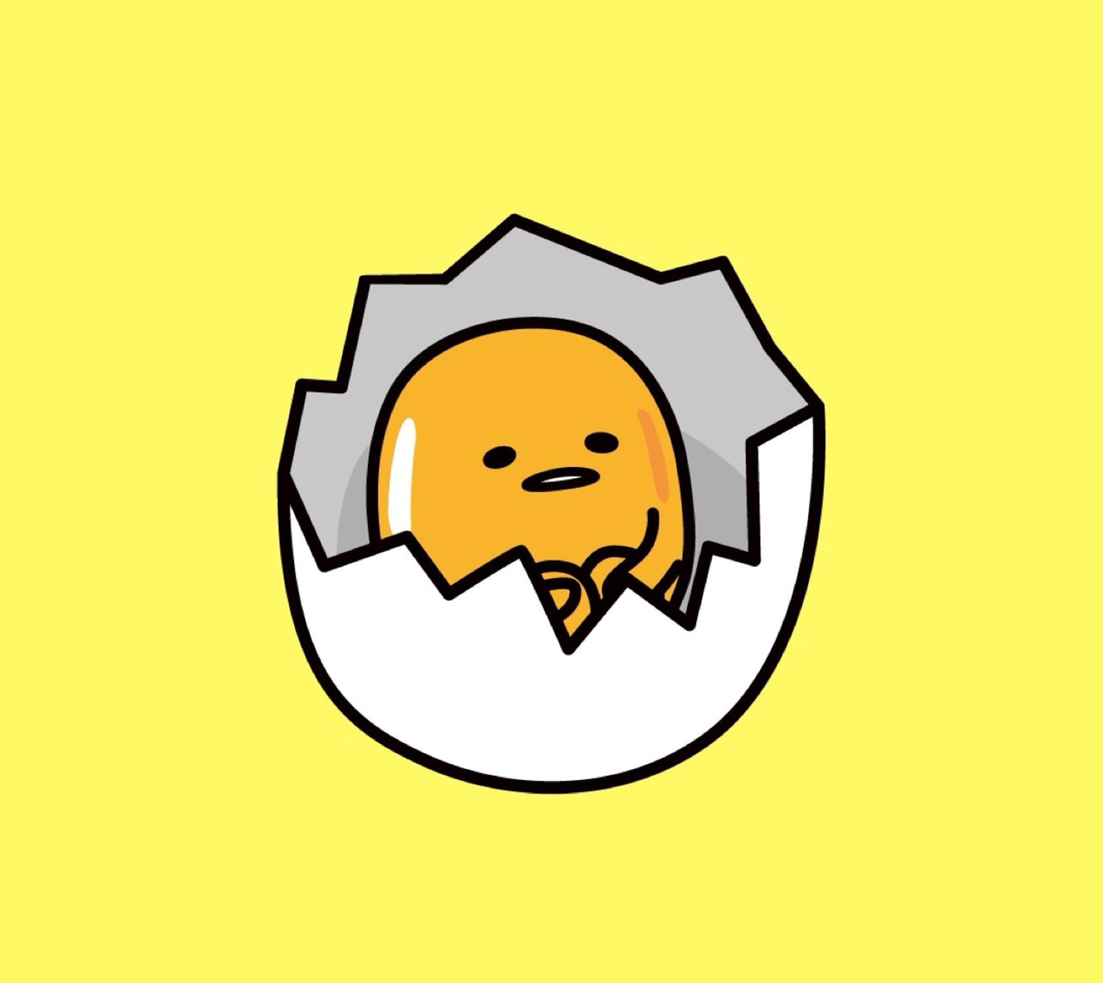 A cracked egg with a yellow face inside. - Gudetama