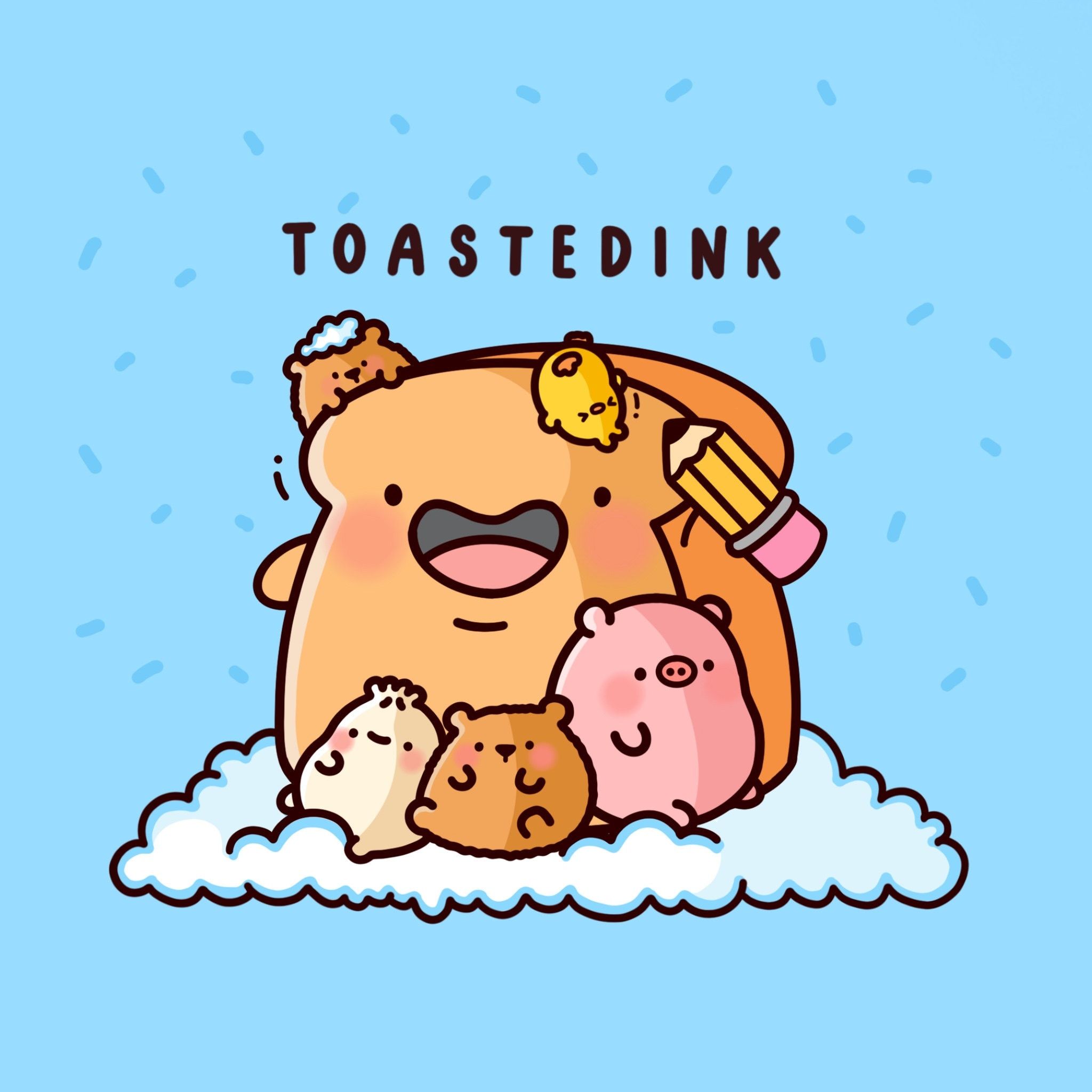 A toasted dink with its family on a cloud - Gudetama
