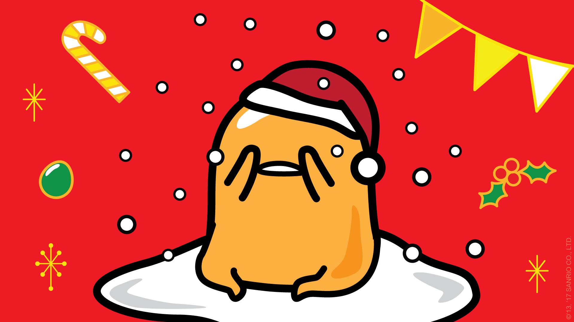 A cartoon character in santa hat with candy cane - Gudetama