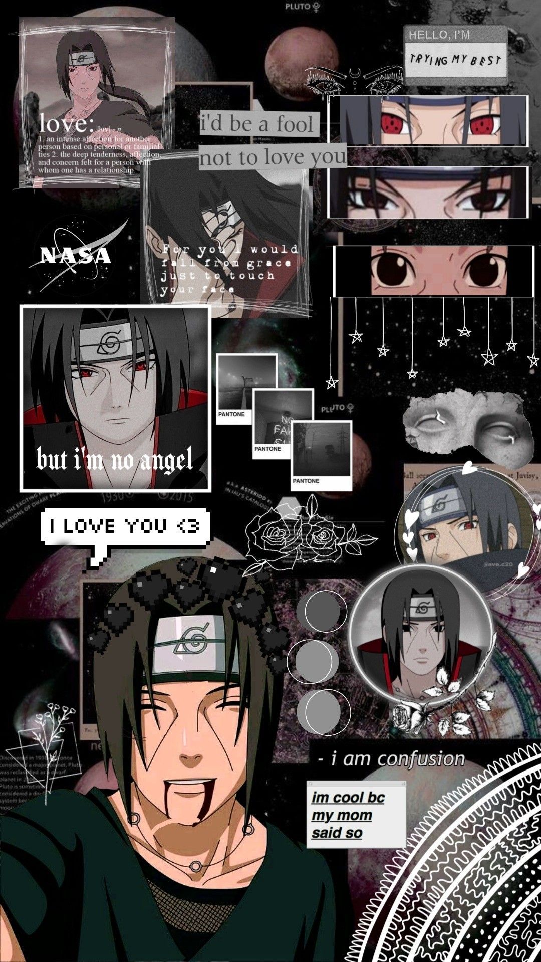 A collage of various images with text - Itachi Uchiha