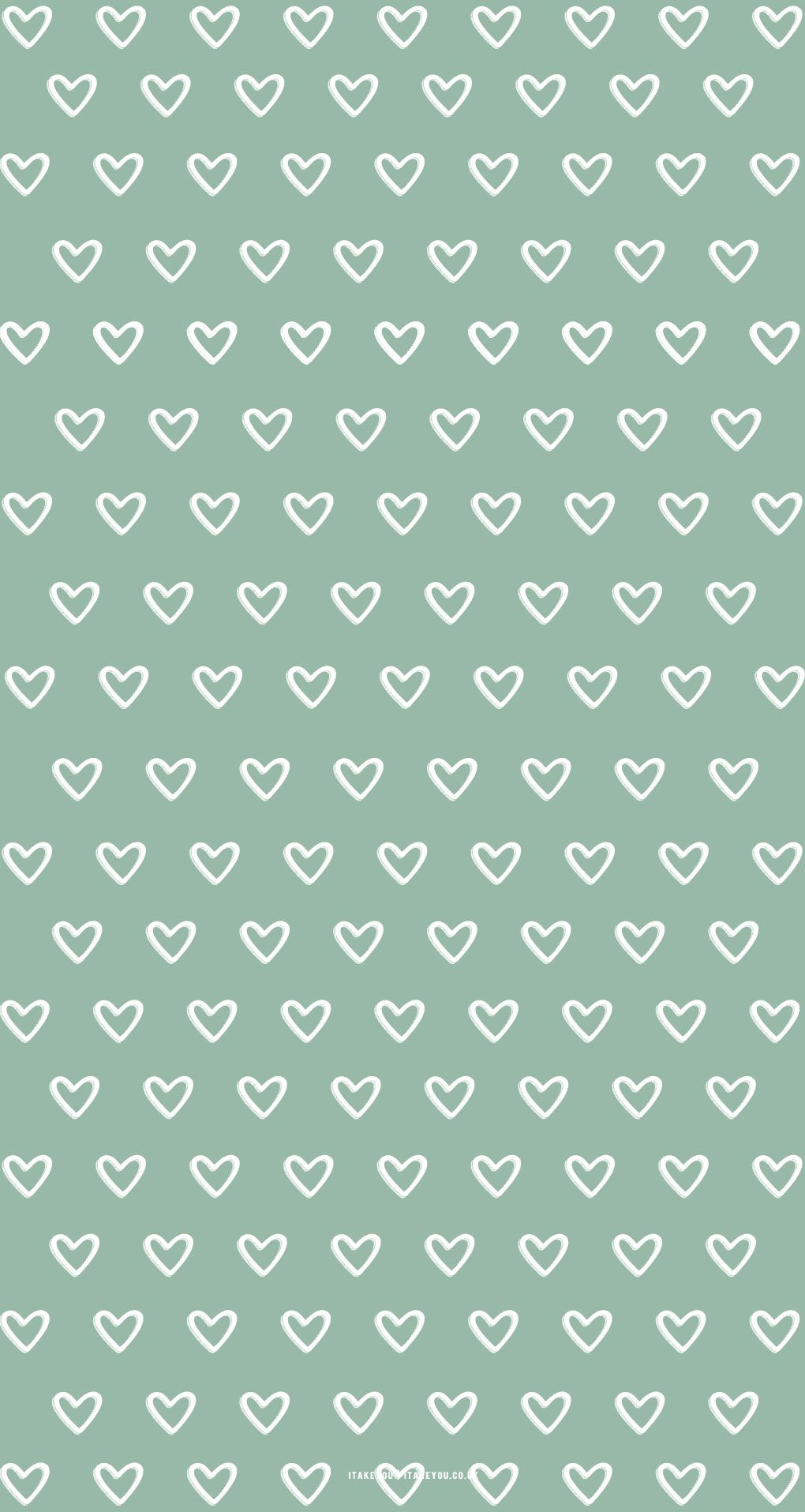 White hearts on a green background - Green, sage green, May, candy cane