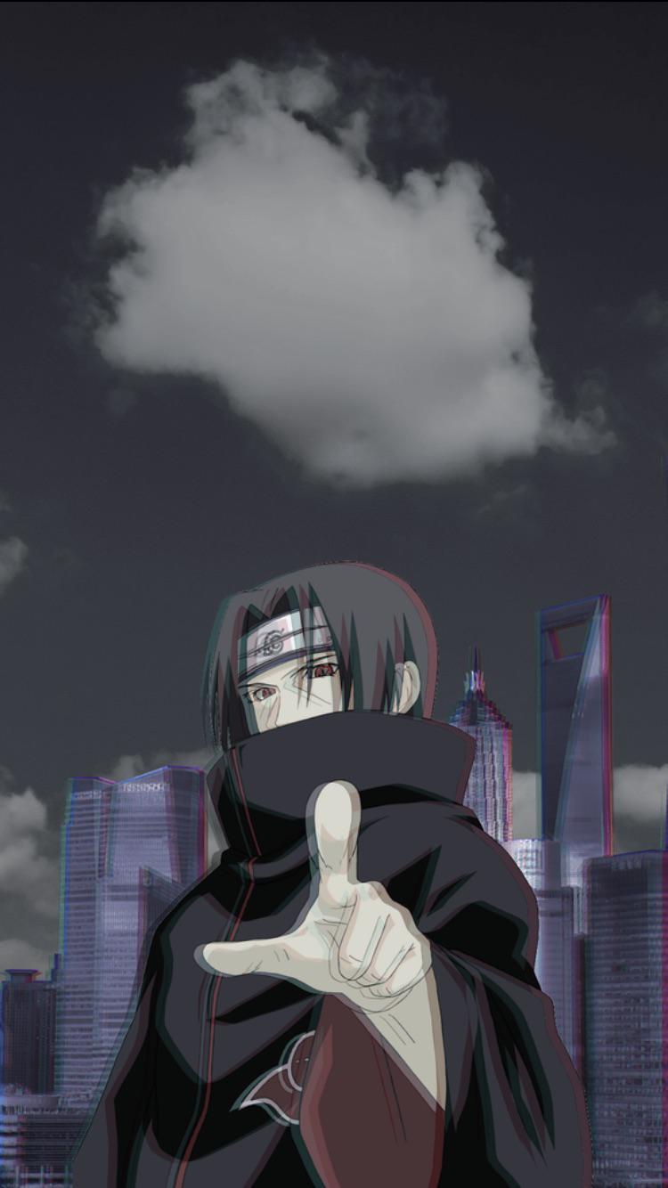 A man in black with his hand up - Itachi Uchiha