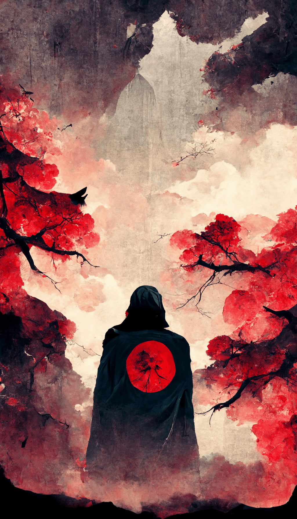 A man in a black hoody with a red sun on the back stands in front of a red blooming tree - Itachi Uchiha, Sasuke Uchiha