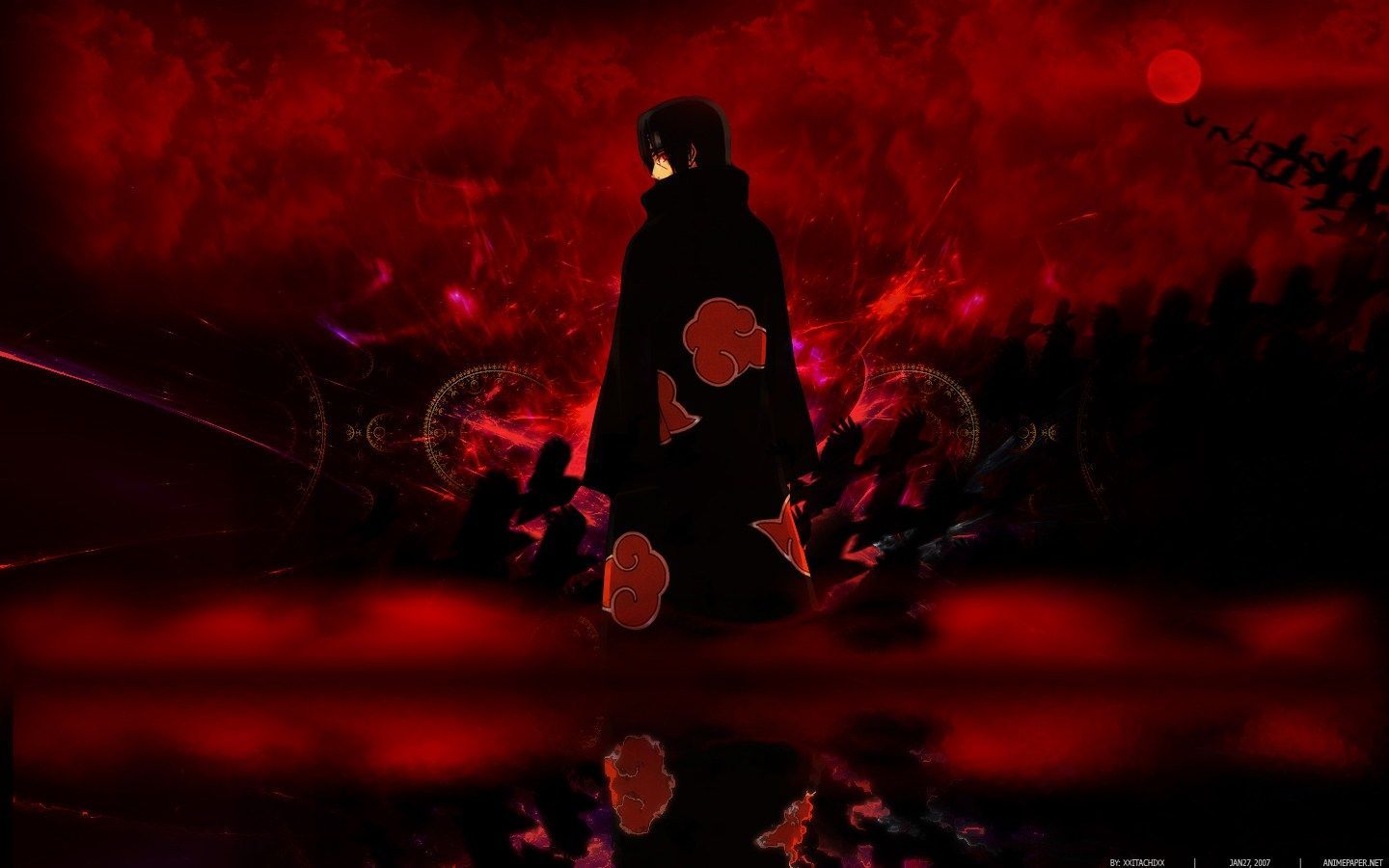 A man in black with red eyes and fire - Itachi Uchiha