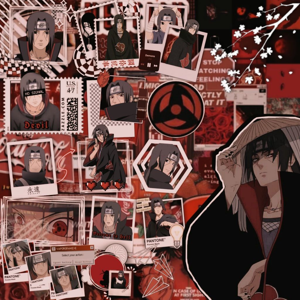 A collage of images featuring anime characters - Itachi Uchiha