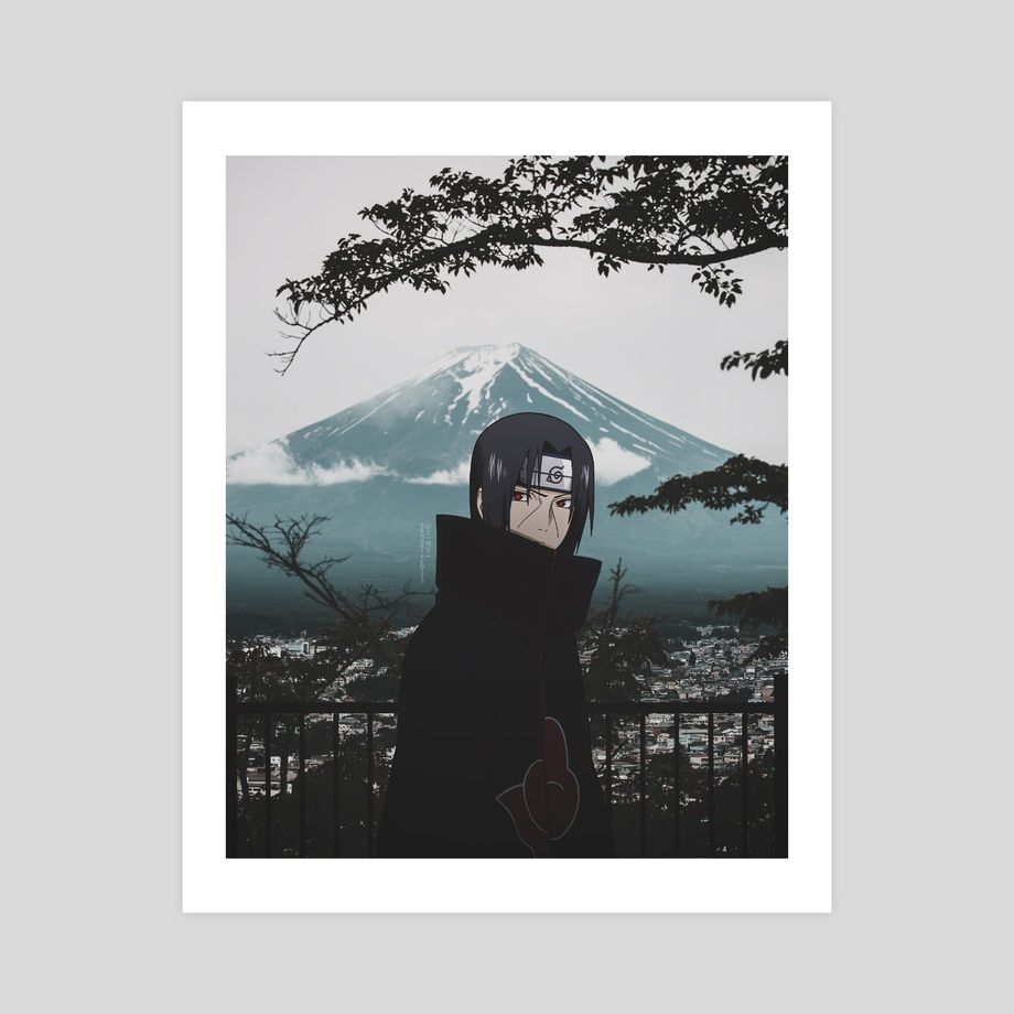 A3 poster print with Itachi Uchiha from Naruto standing in front of a mountain. - Itachi Uchiha