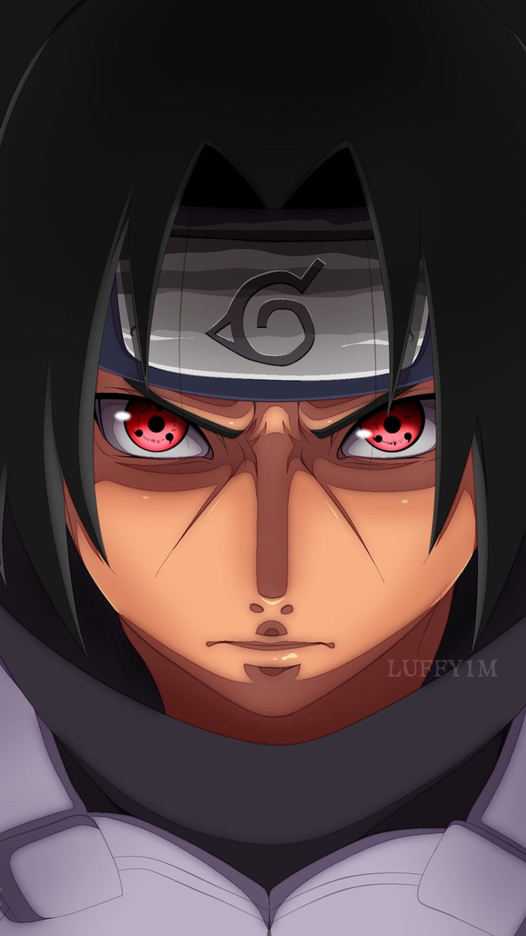 A close up of anime character with red eyes - Itachi Uchiha