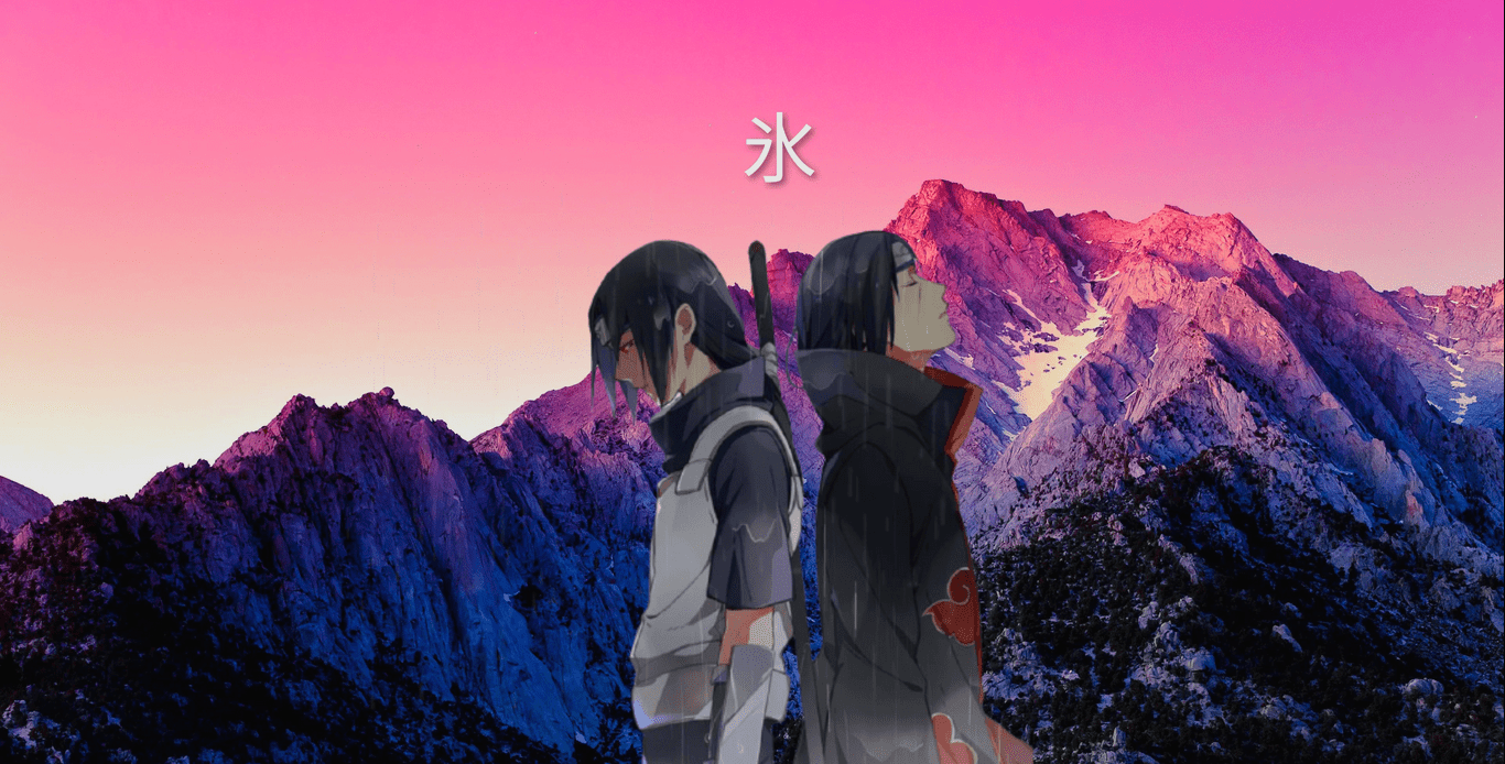 A couple standing in front of mountains with the sun setting - Itachi Uchiha