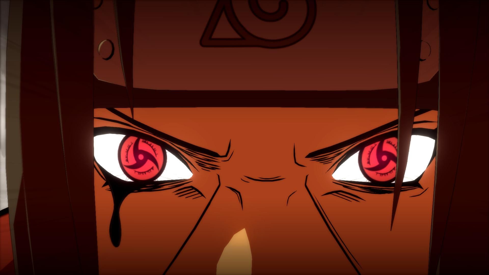 A close-up of Naruto's face, with his eyes glowing red and tears dripping from the corners of his eyes - Itachi Uchiha