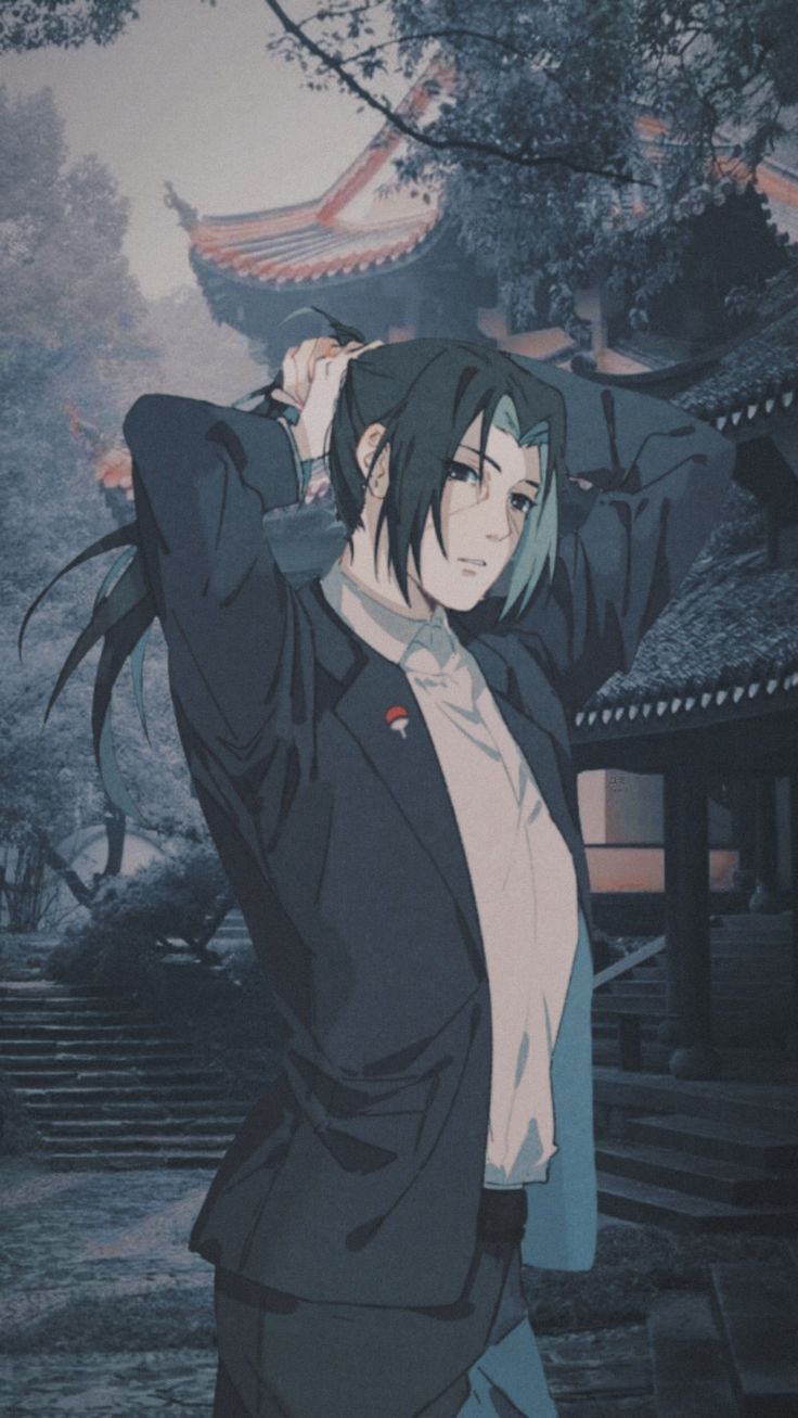 Aesthetic anime boy with green hair and black hair in a black suit - Itachi Uchiha