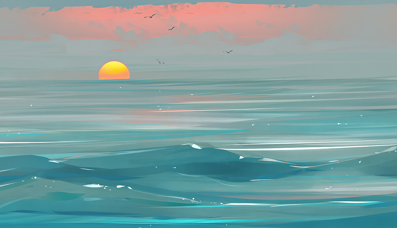 A painting of the sun setting over water - Beach, minimalist, art