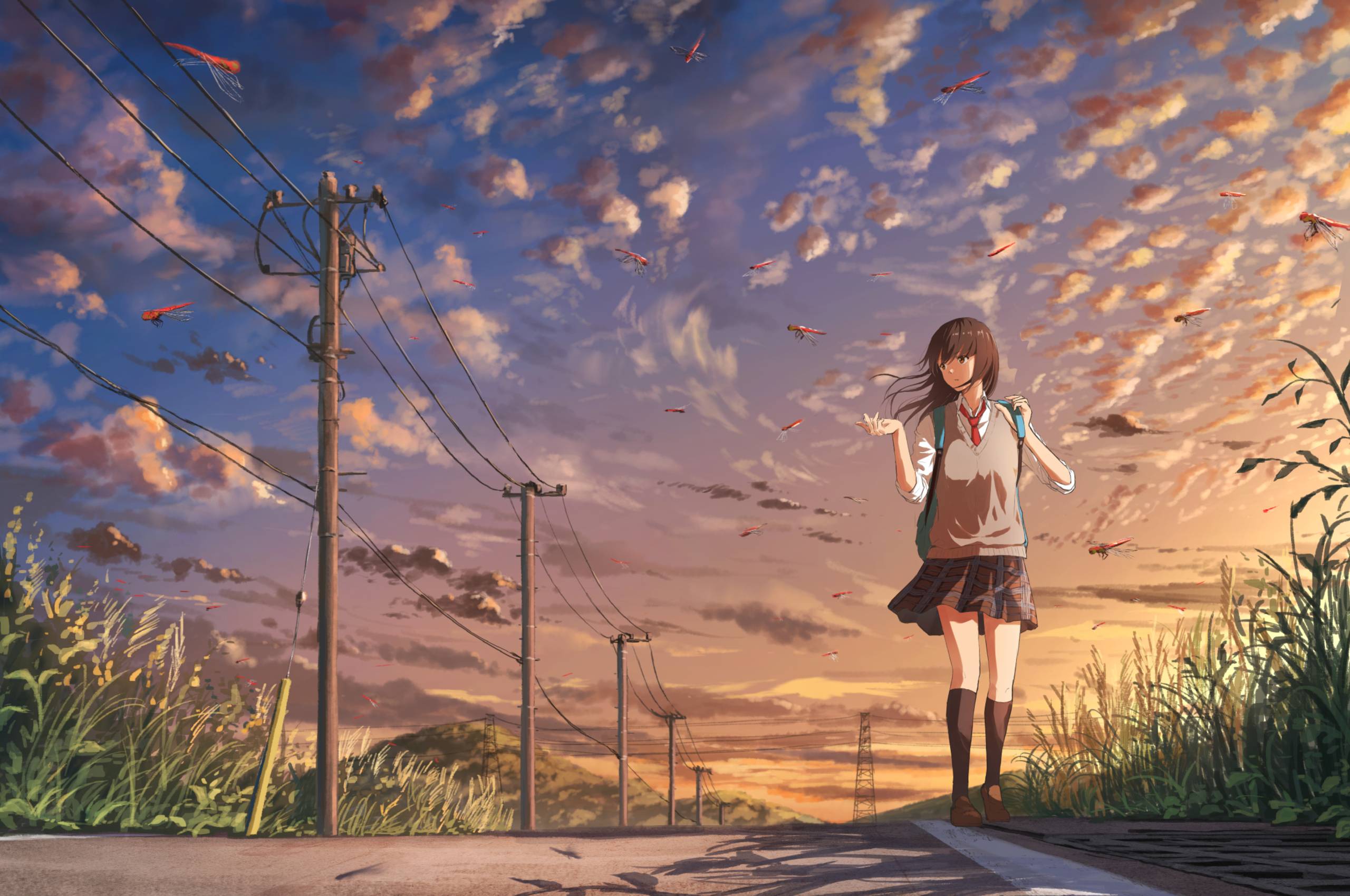 Anime girl standing on the road with a backpack - Chromebook, school