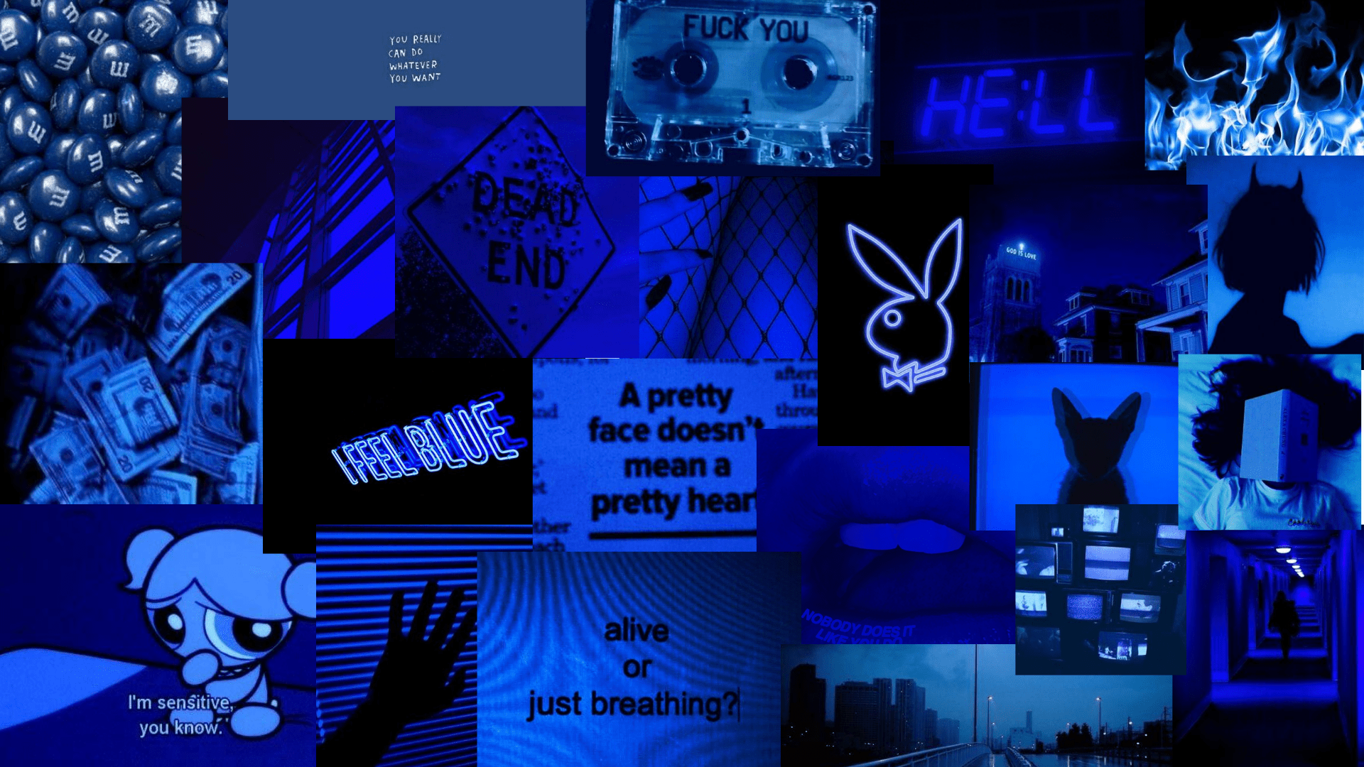 A blue aesthetic background with various blue and black themed pictures - Dark blue