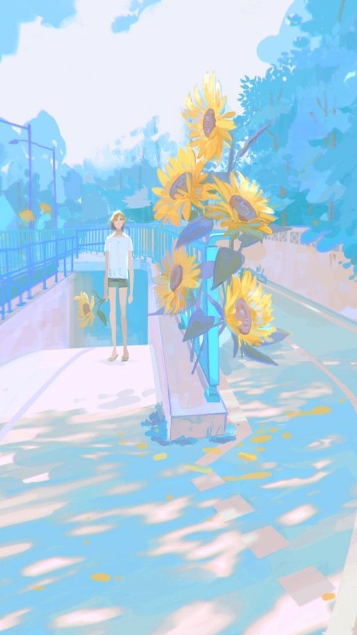 A digital painting of a person standing on a street with sunflowers in a vase. - Summer
