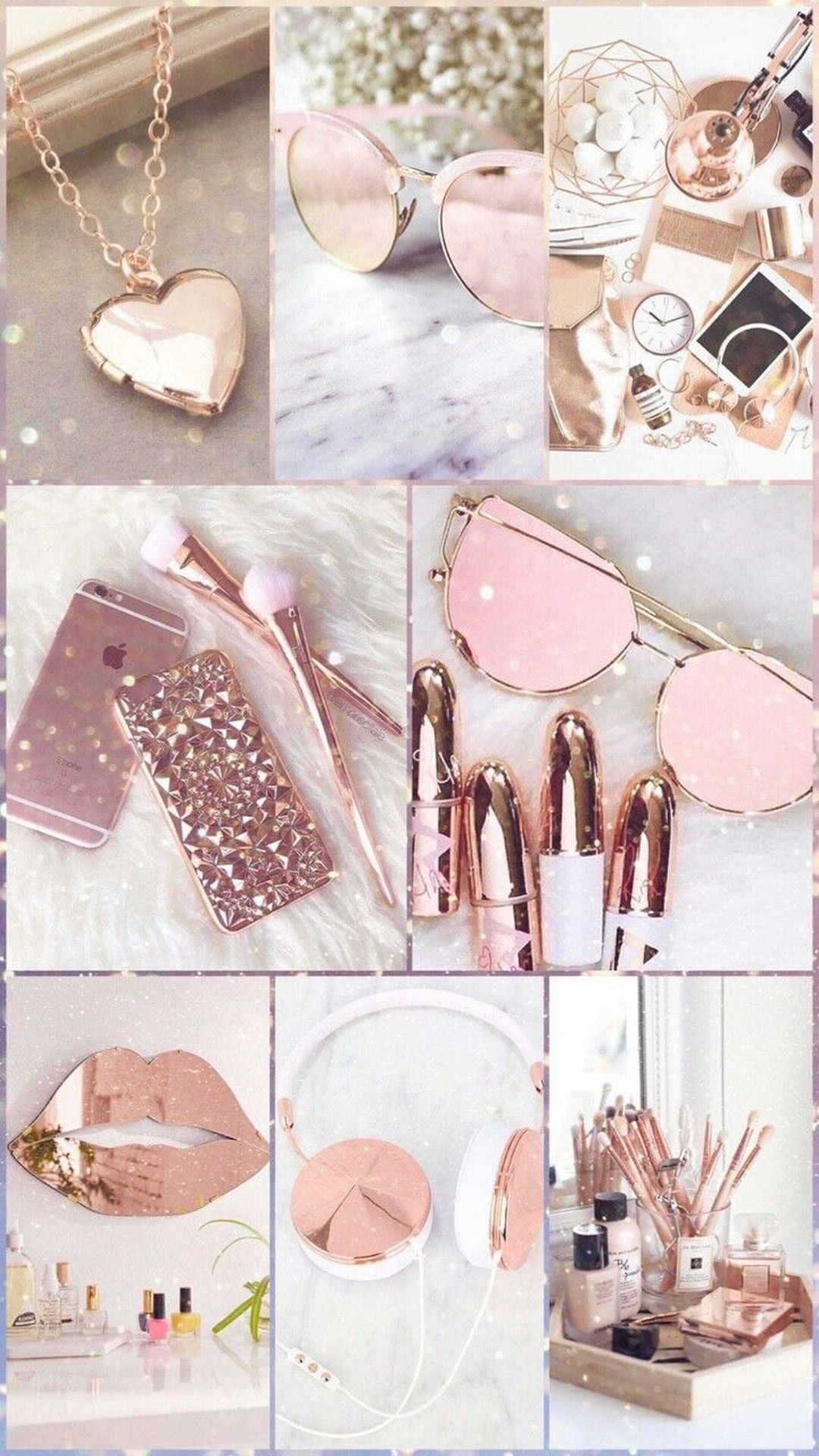 Aesthetic background collage of rose gold accessories, makeup, and office supplies. - Rose gold