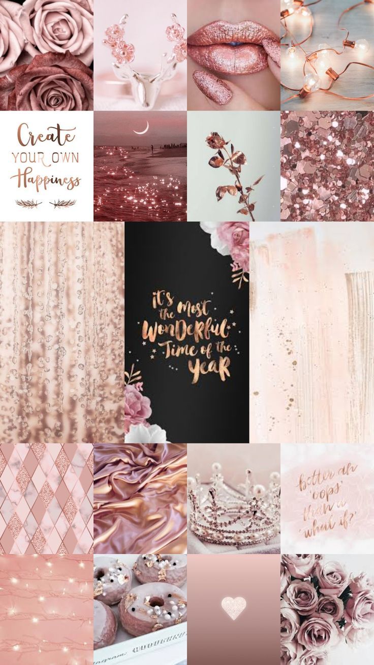 A collage of pink and gold colors with flowers - Rose gold