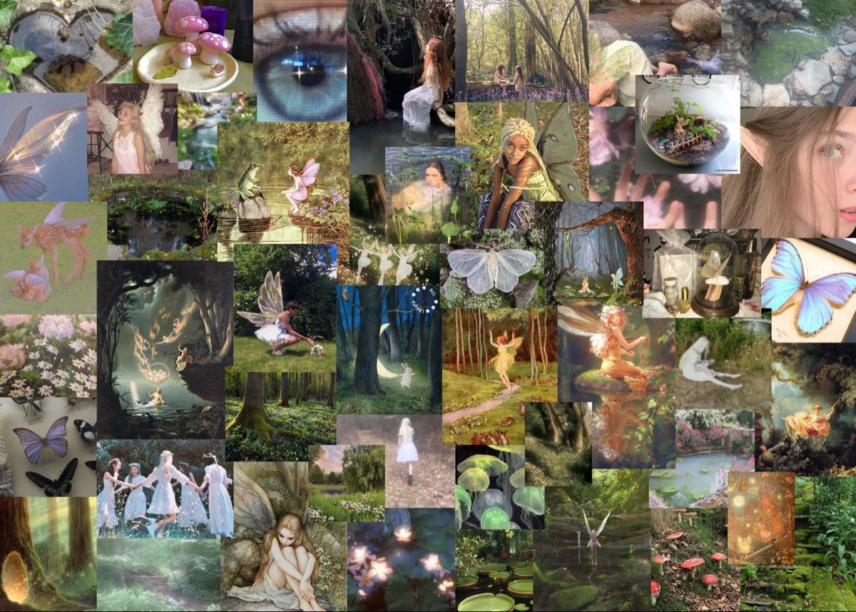 Collage of photos of fairies, mushrooms, and nature scenes - Cottagecore
