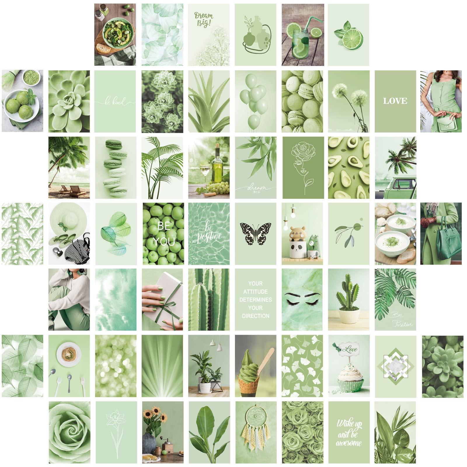 A collage of green plants and flowers - Sage green, lime green