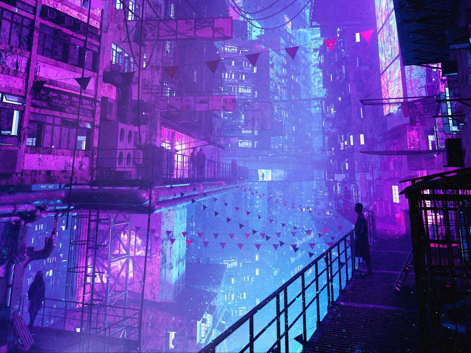 A cyberpunk city at night with purple and blue neon lights - City