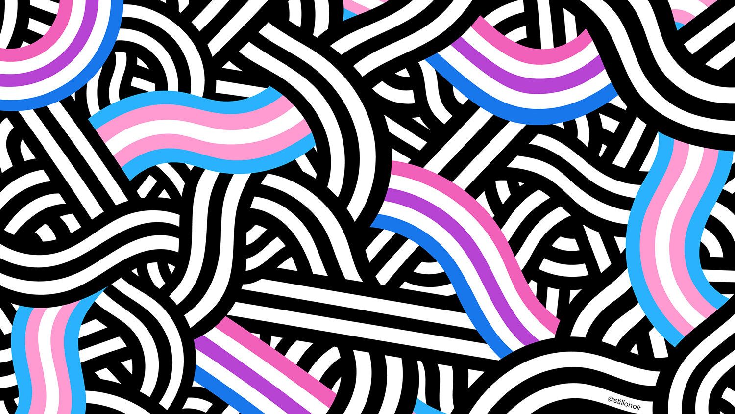 A pattern of black and white lines with the trans flag colours superimposed on top. - Pride