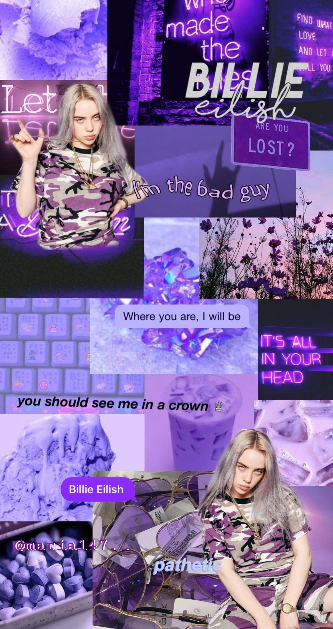 A collage of pictures with purple backgrounds - Billie Eilish