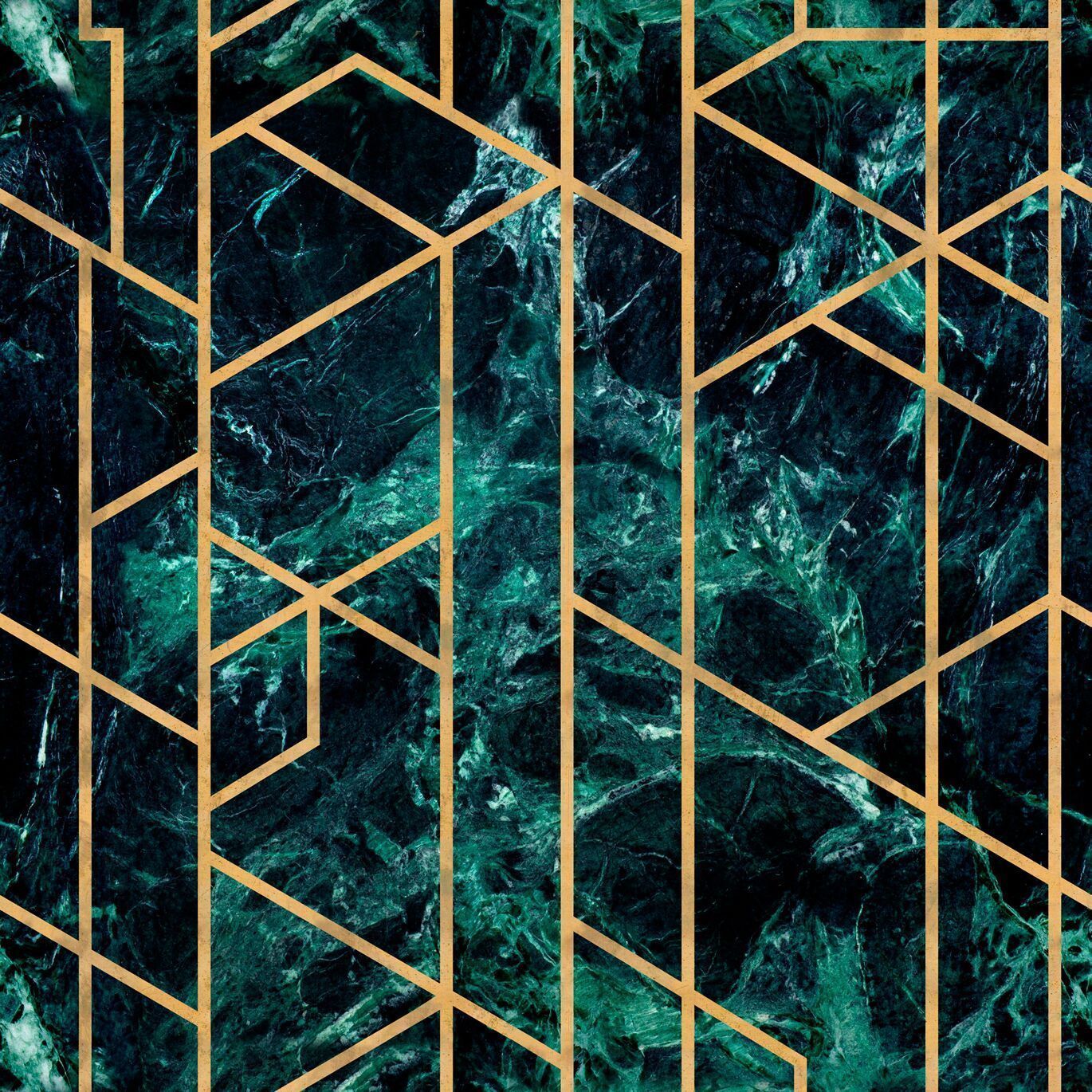 The green marble wallpaper with gold geometric patterns - Marble