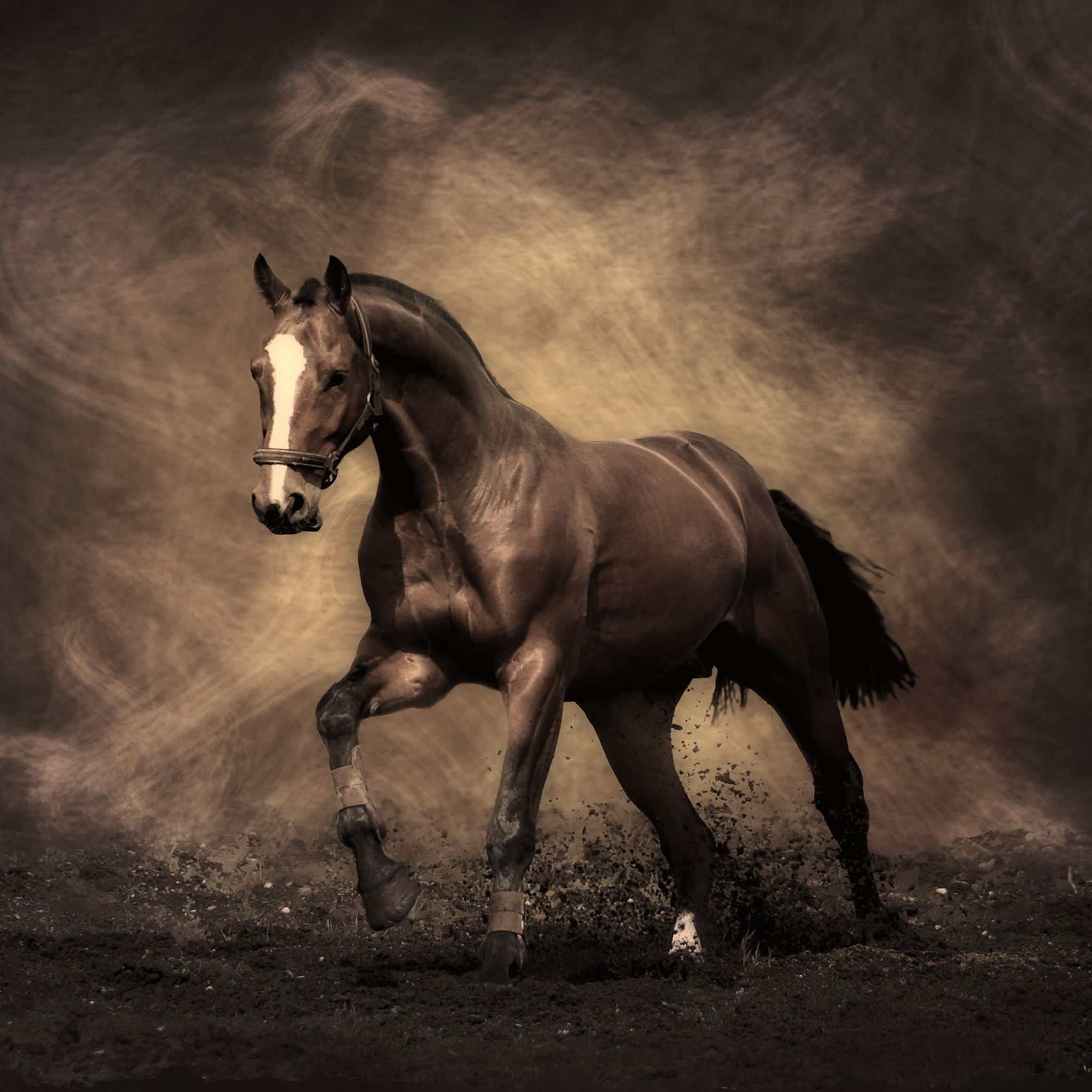 A horse gallops through a field of dust. - Horse