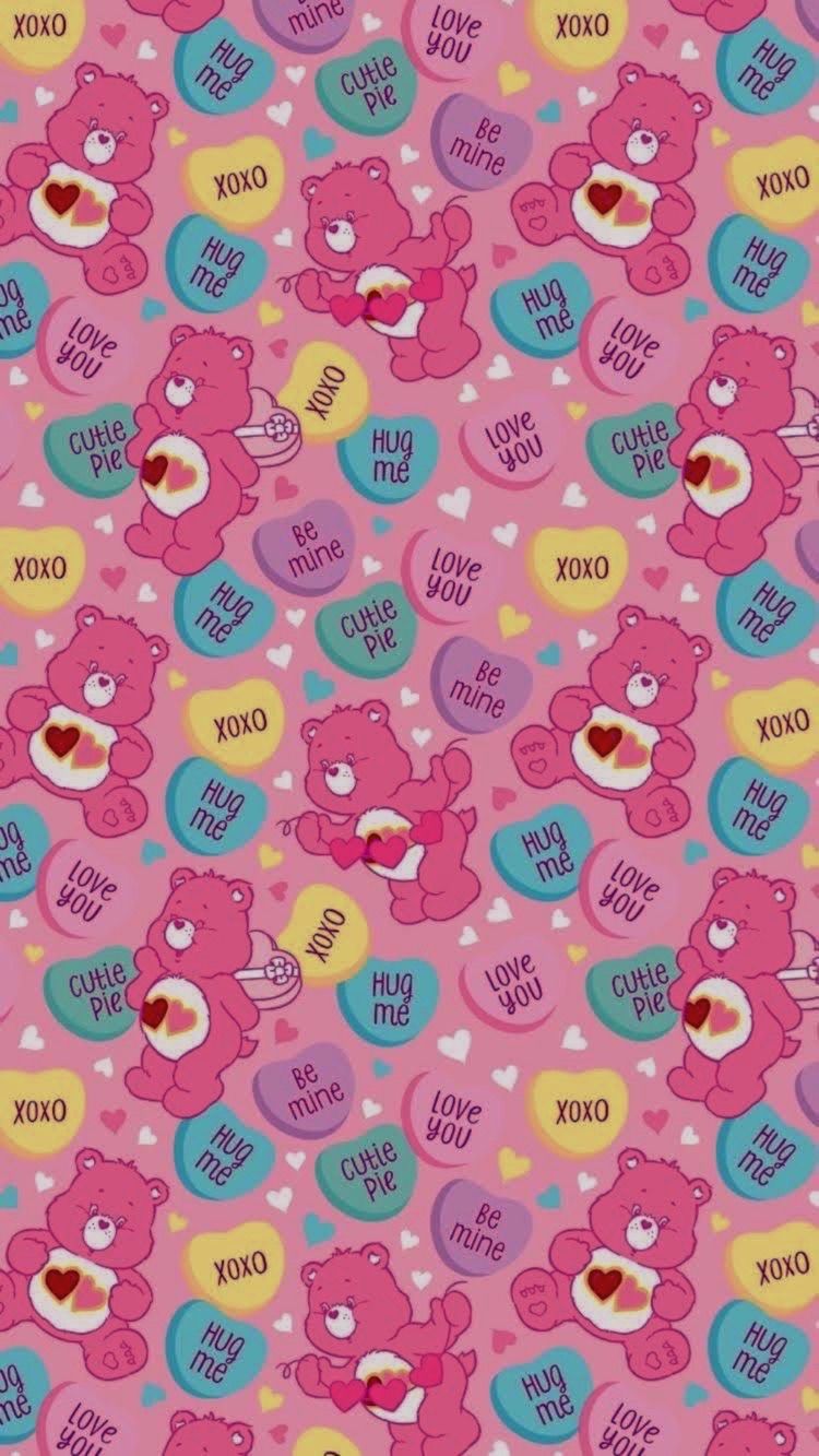 A pattern of pink bears with hearts and candy - Traumacore, kidcore, Care Bears