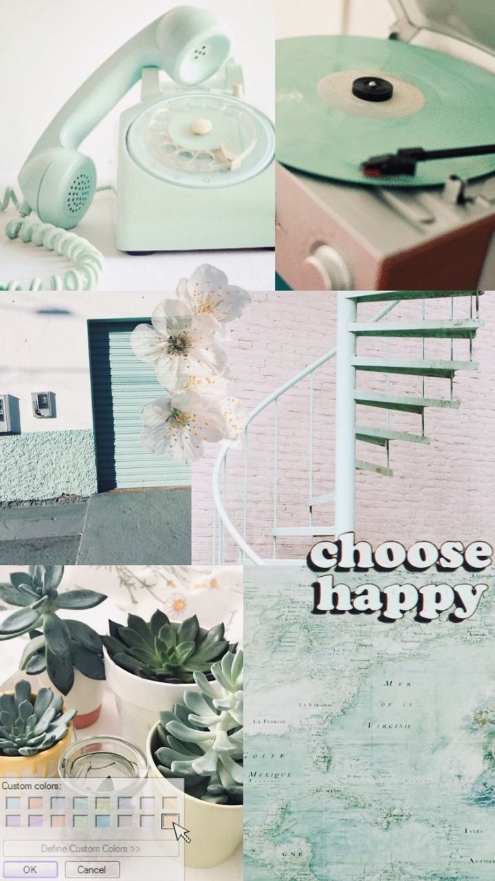 Collage of pastel images including a phone, record player, flowers, and succulents. - Mint green, pastel green