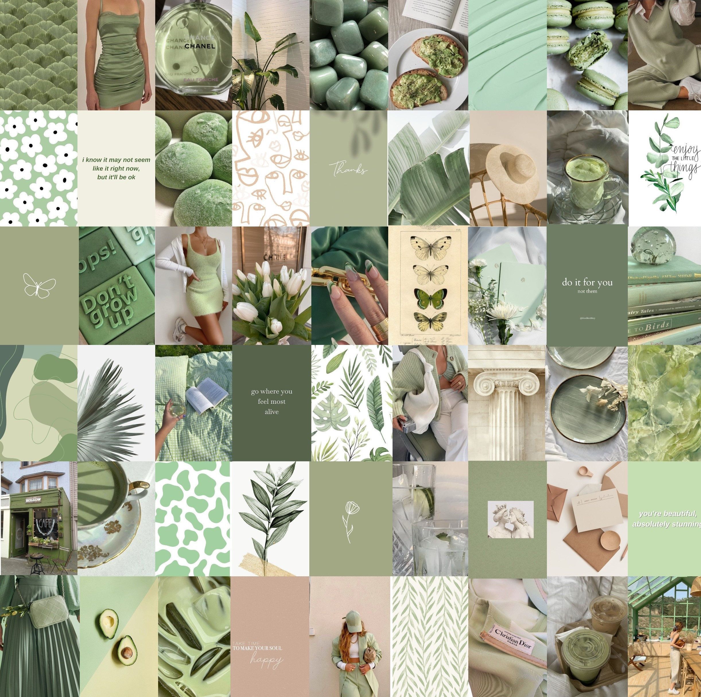 A collage of photos of green and white objects. - Mint green, sage green