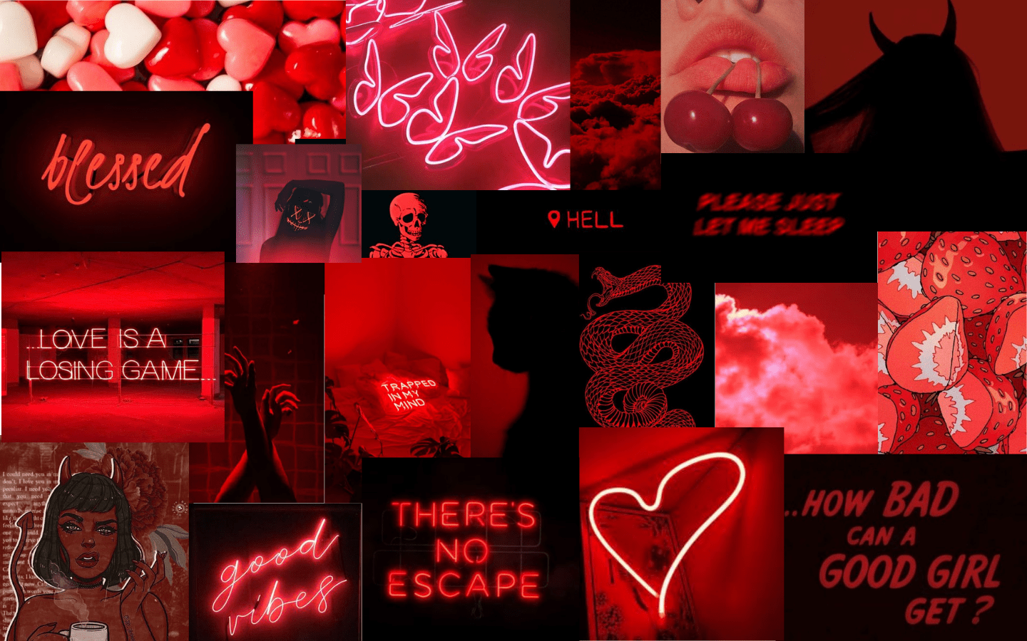 A collage of pictures with red text - Dark red, red, neon red, light red, love