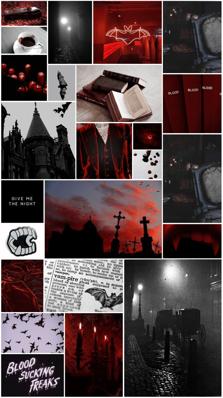 Aesthetic red and black mood board for Halloween. - Blood, vampire