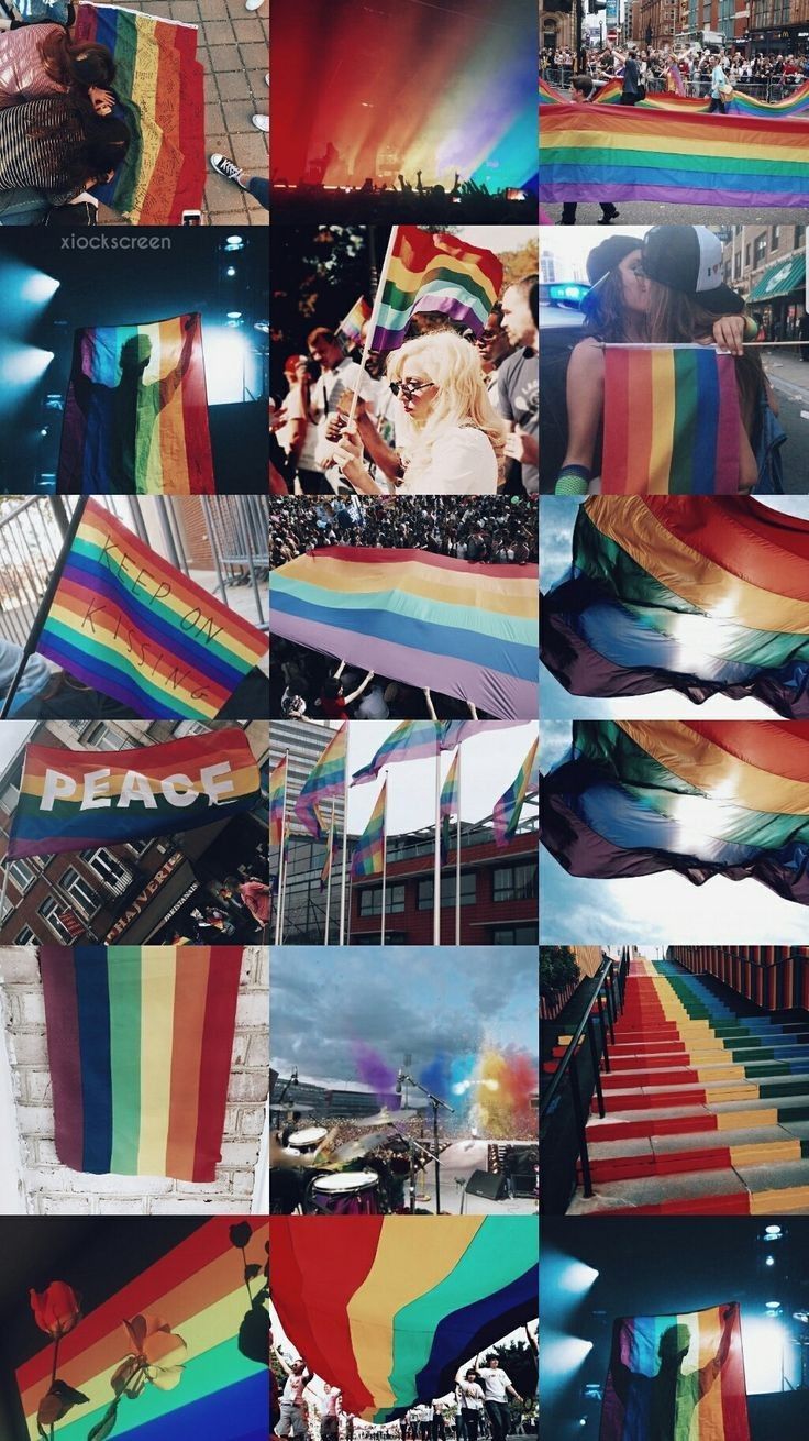 A collage of pictures showing people holding flags - Gay