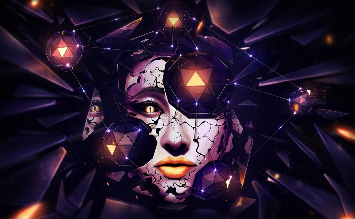 A digital painting of a woman's face with geometric shapes and lines surrounding it. - Gothic