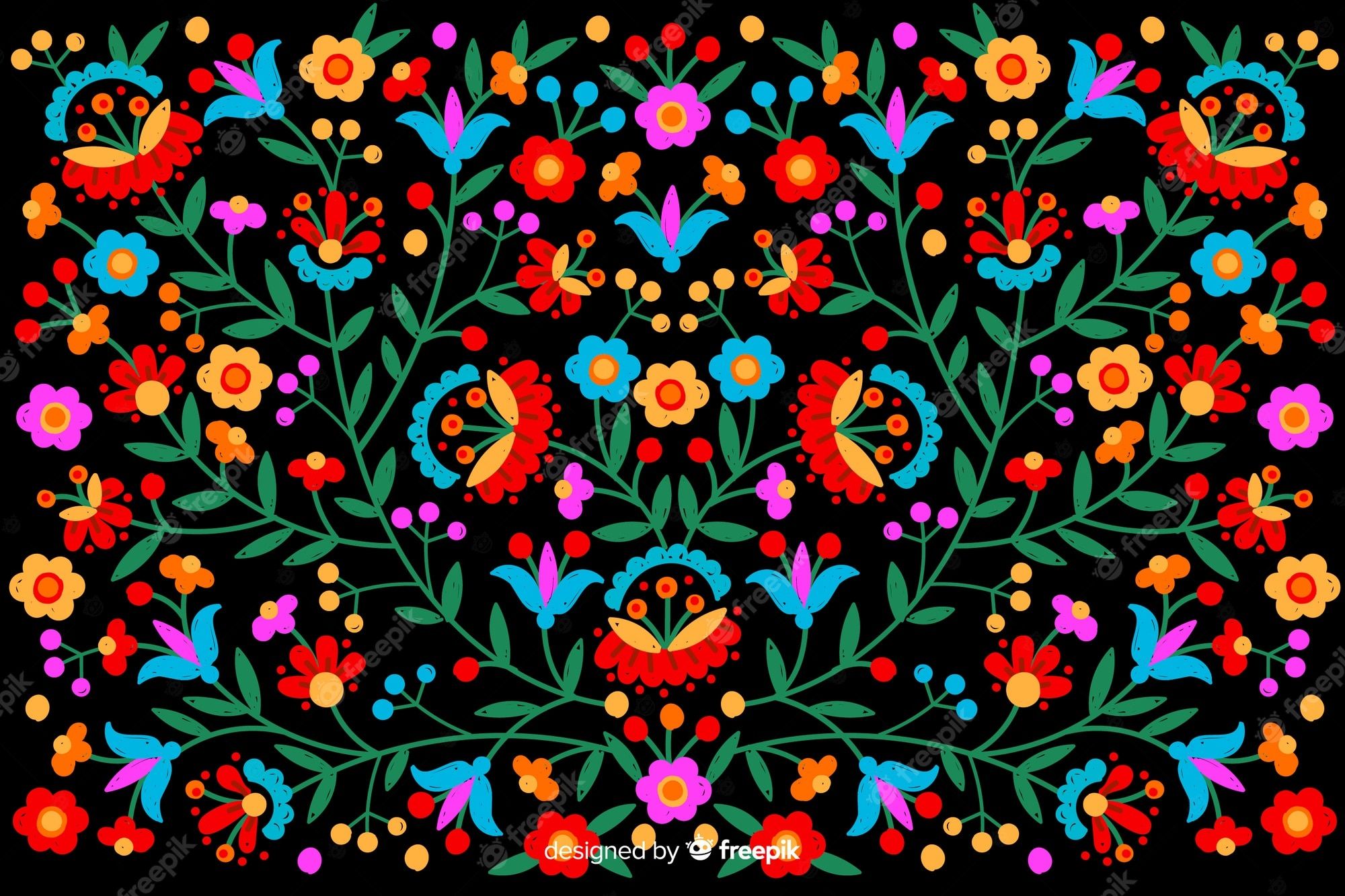 A colorful floral pattern on black background - Mexico