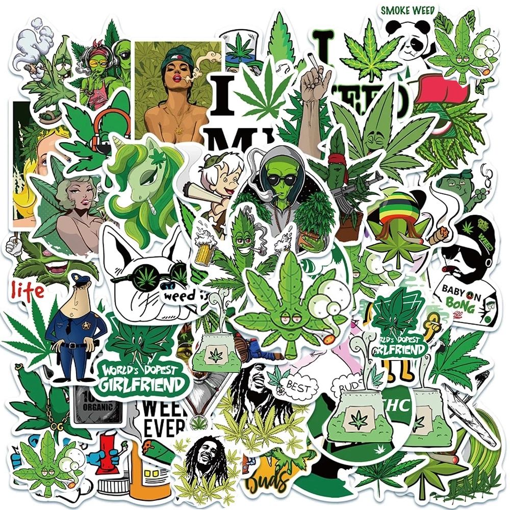 100pcs Cool Smoking Marijuana Stickers Aesthetic Laptop Motorcycle Water Bottle Waterproof Diy Graffiti Decal Sticker Packs