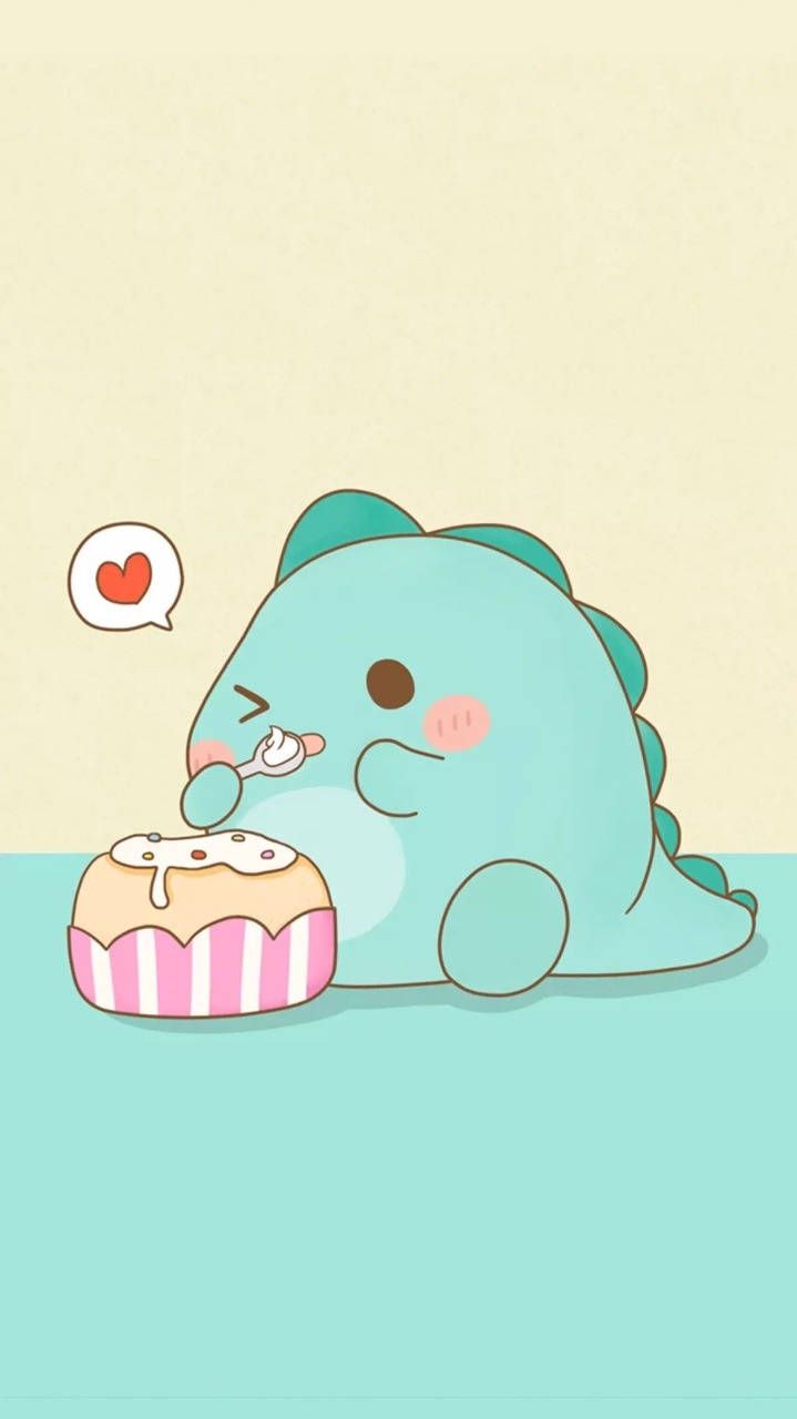 Cute wallpaper of a blue dinosaur eating a donut - Dinosaur