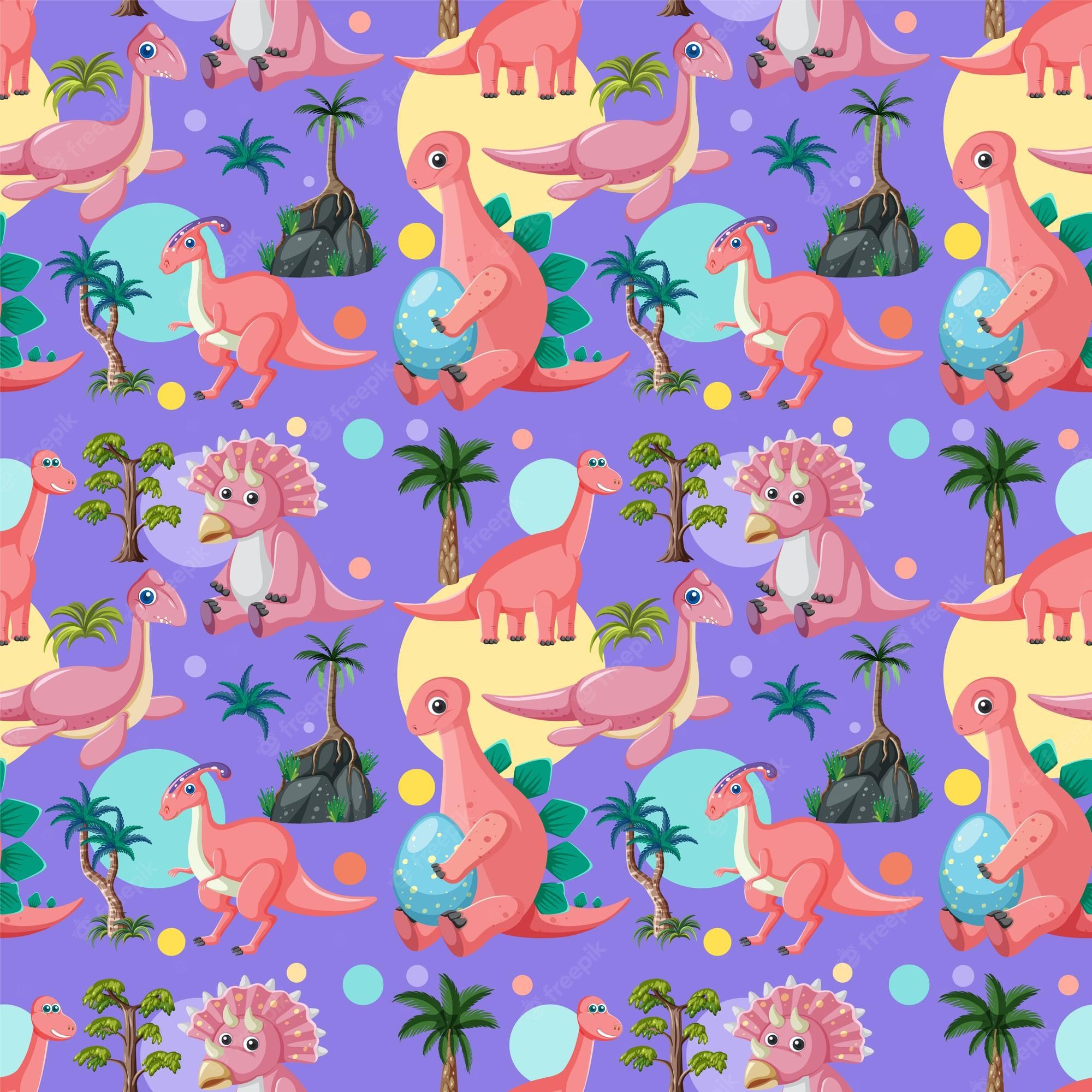 A seamless pattern of pink dinosaur and plant on purple background - Dinosaur