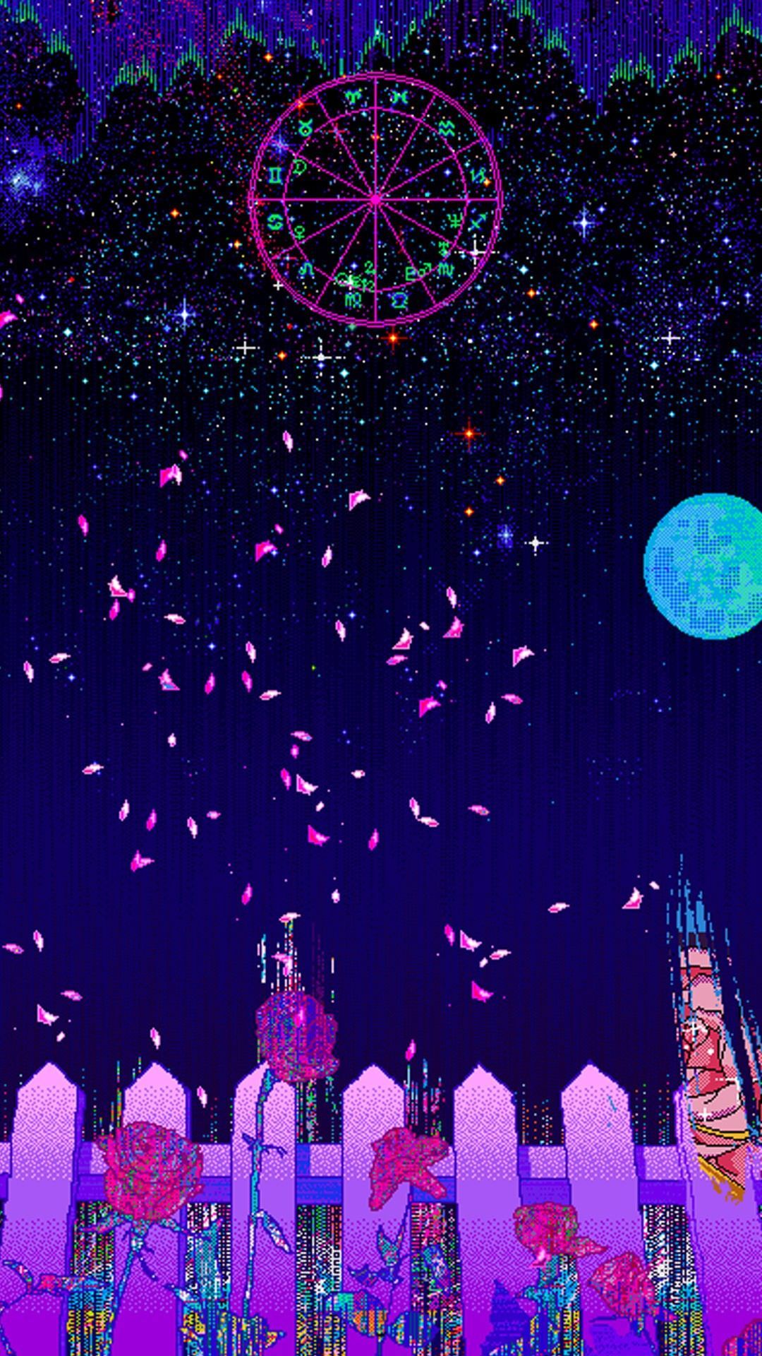 Aesthetic phone wallpaper with a purple castle, pink flowers, and a purple sky - Vaporwave