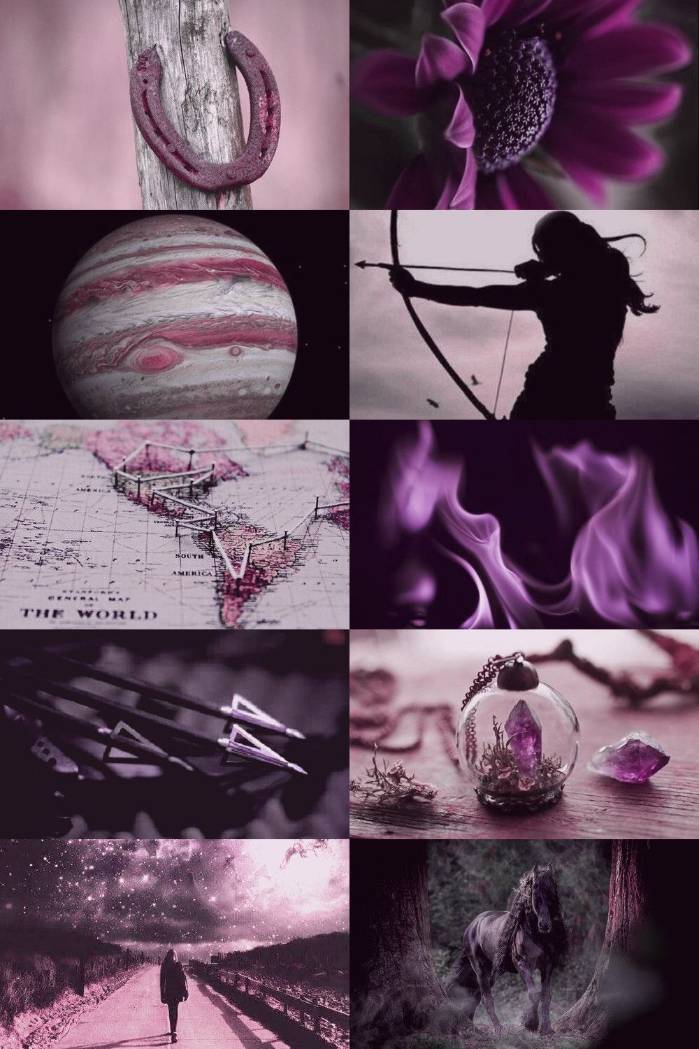 Aesthetic collage of purple images including a horse, a bow and arrow, a map, and a pocket watch. - Sagittarius, Mars