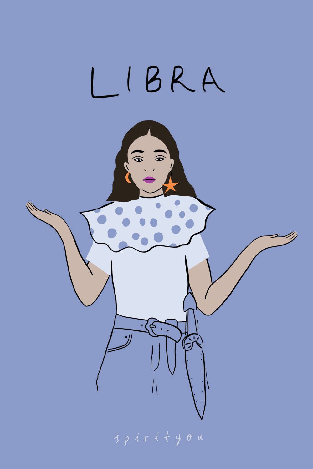 An illustration of a woman with a white blouse and blue jeans. She has her hands up in a 