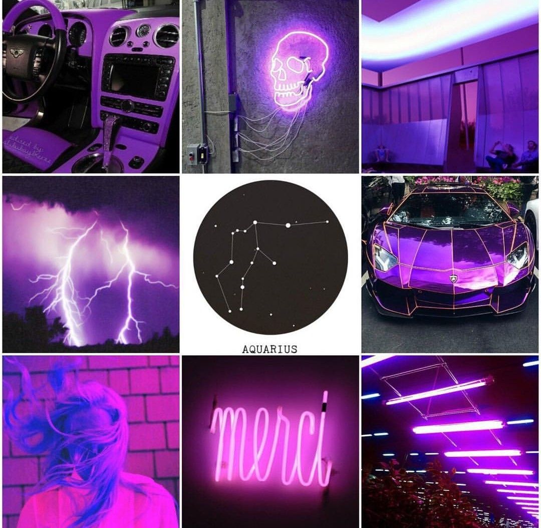 Collage of purple and pink images including a car, a neon sign, a skull, and lightning. - Virgo